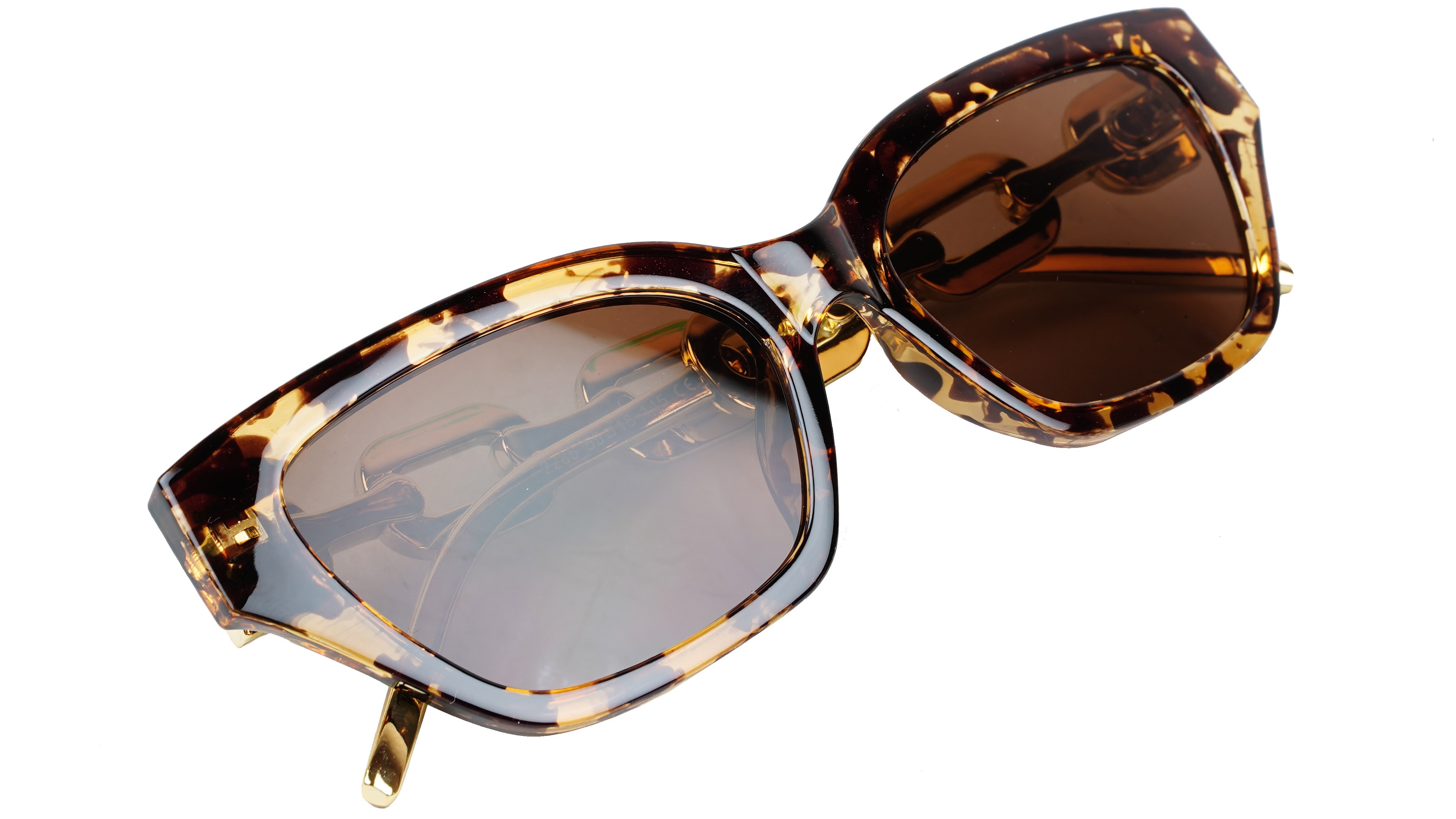 Female Large Cat Eye Sunglass. Tortoise Print Rim. Golden Temple.