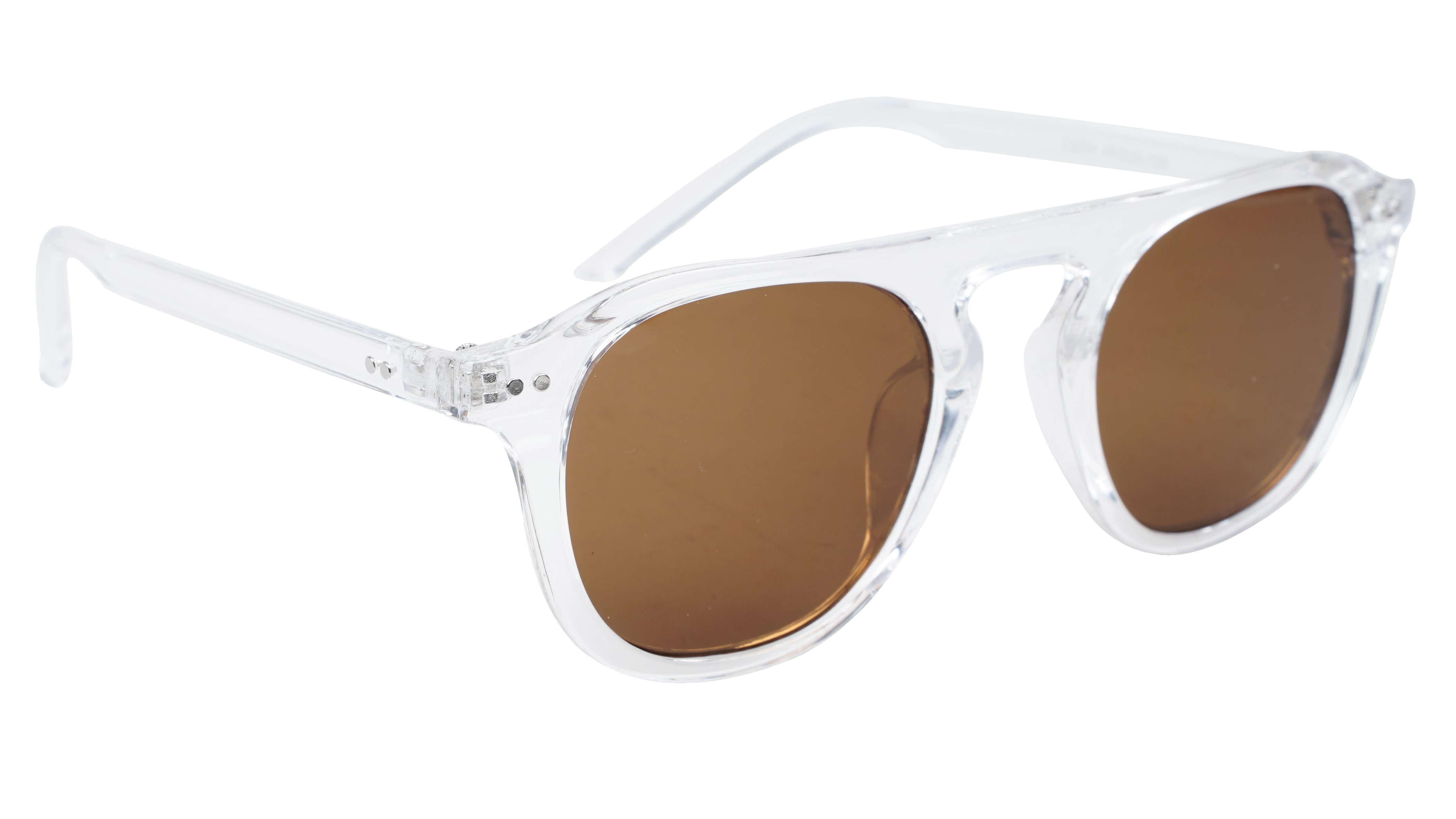 Unisex Medium Round Sunglass. Transparent Frame. Brown Lens.