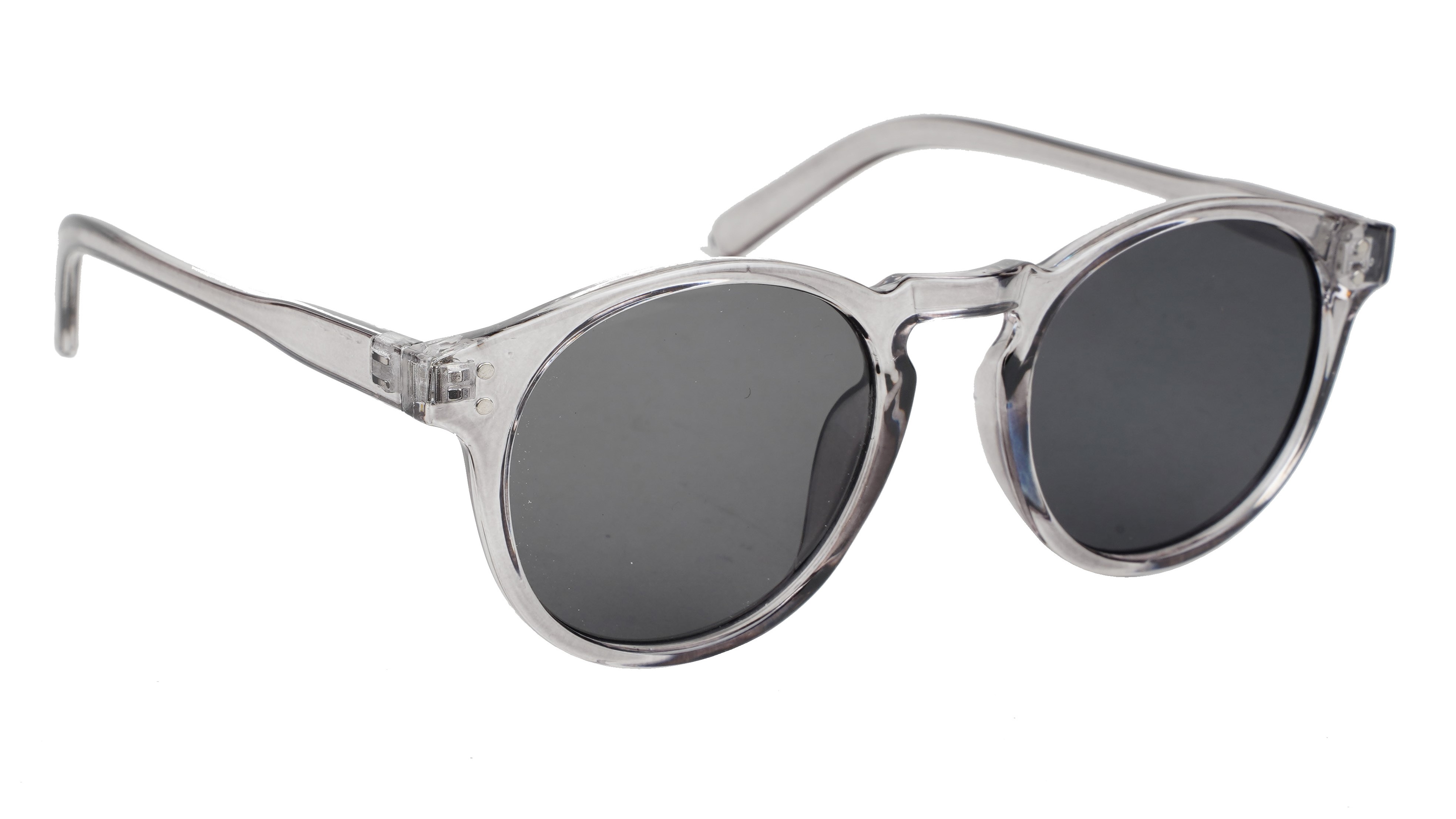 Unisex Medium Round Sunglass. See Through Grey Frame.