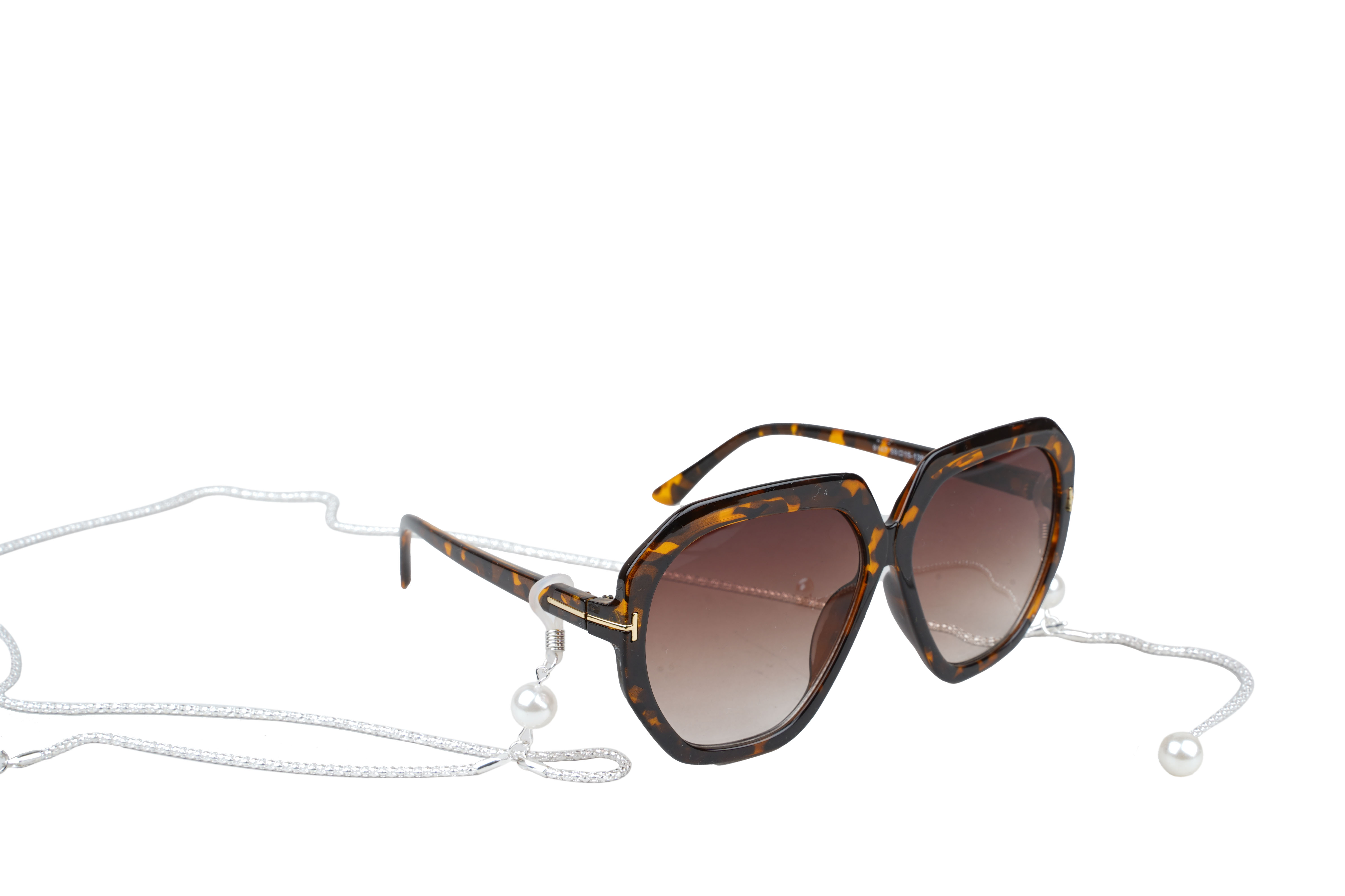 Soigné Female Large Square Sunglasses. Glossy Black With Silver Metal Chain