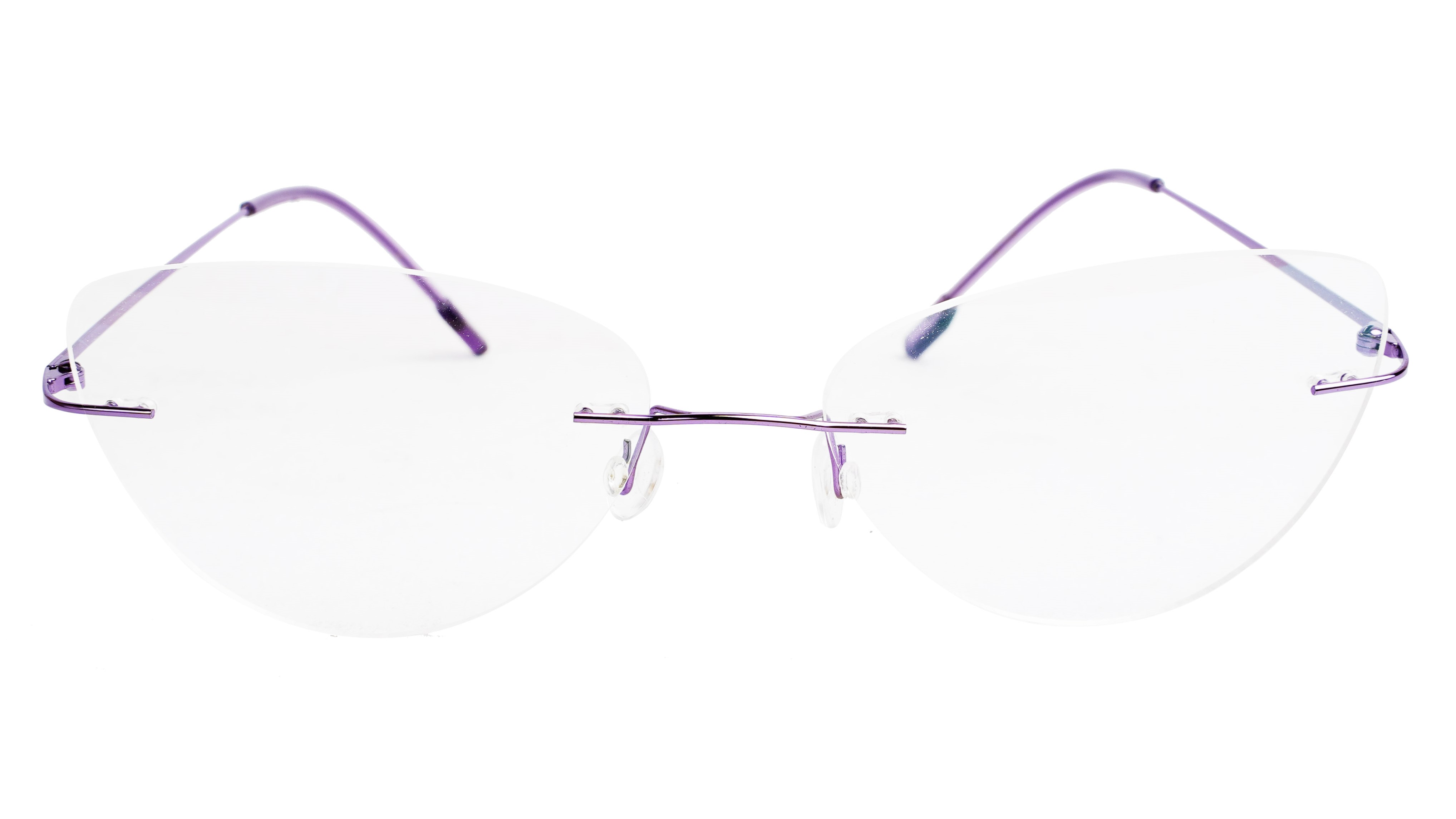 Female Medium Rimless Cat Eye Spectacle Frame. Purple Frame
