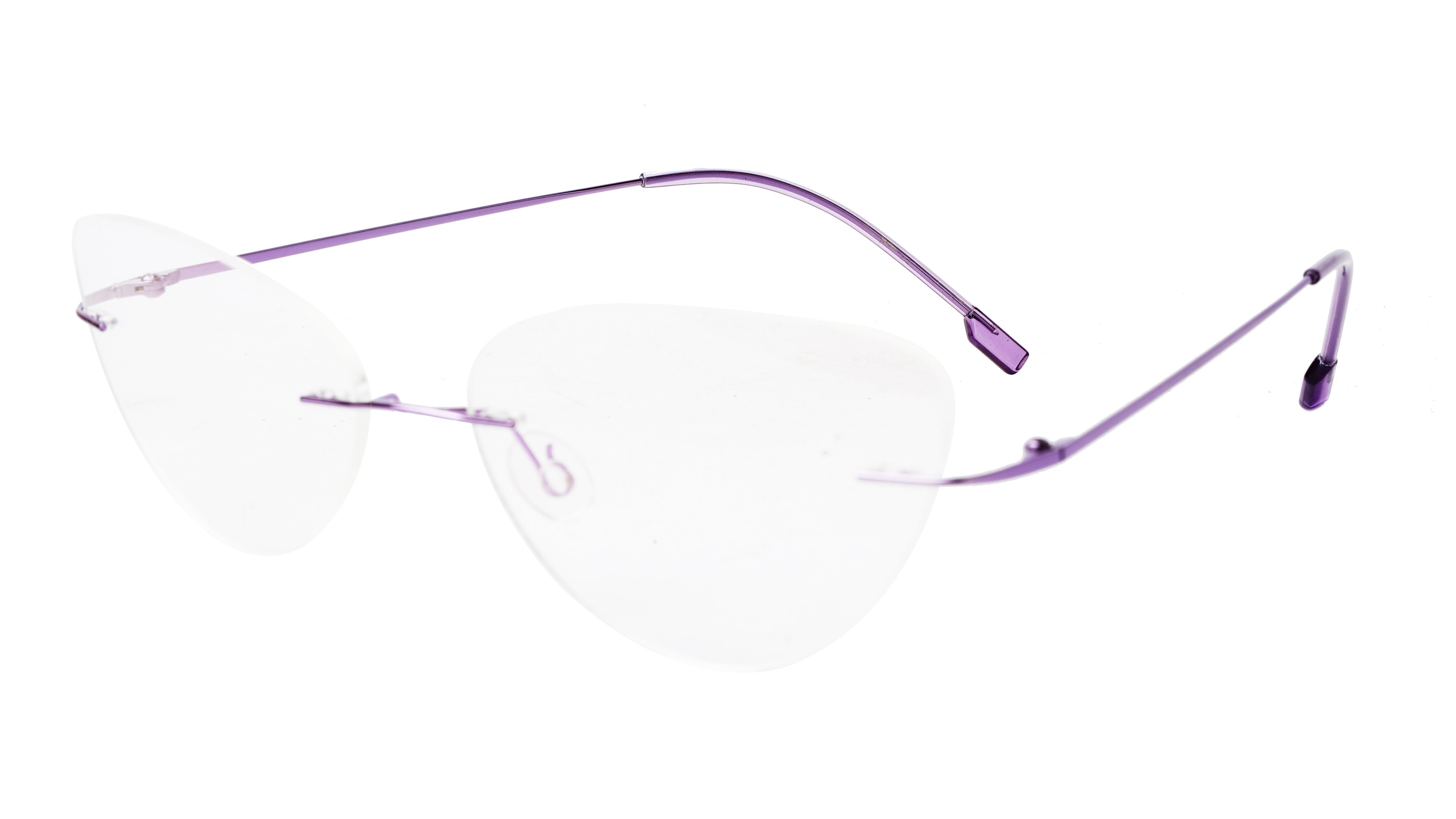 Female Medium Rimless Cat Eye Spectacle Frame. Purple Frame