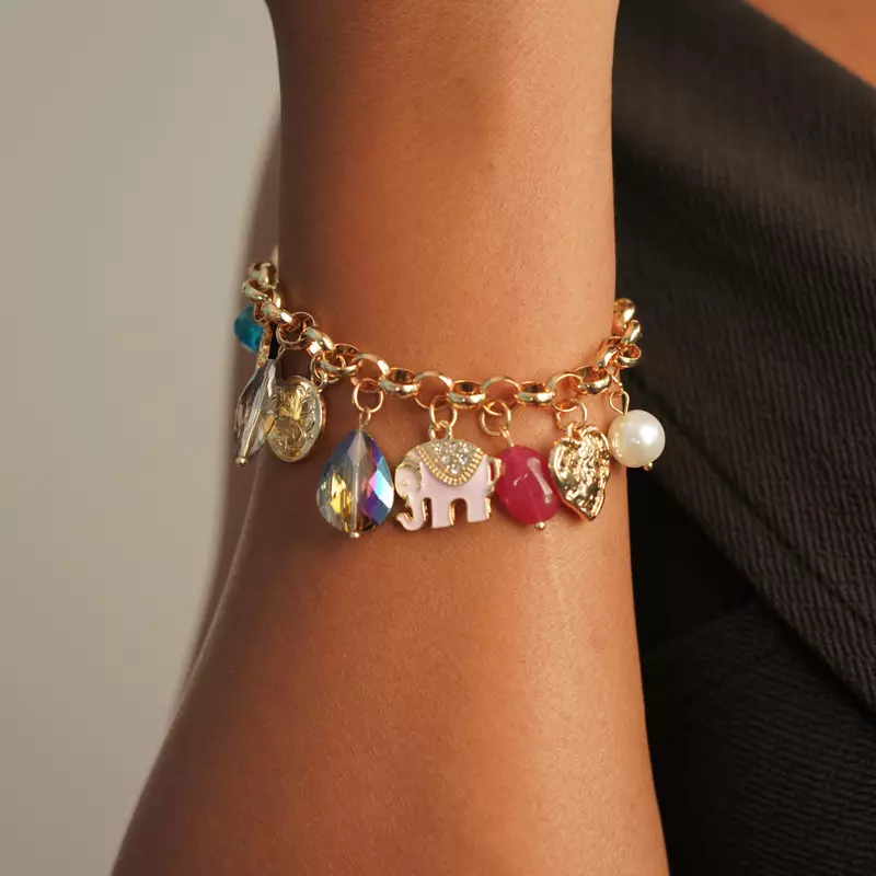 studded pink and pink elephant charm bracelet