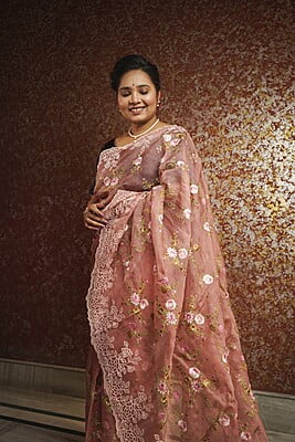 Dusty Rose color pure Organza silk saree