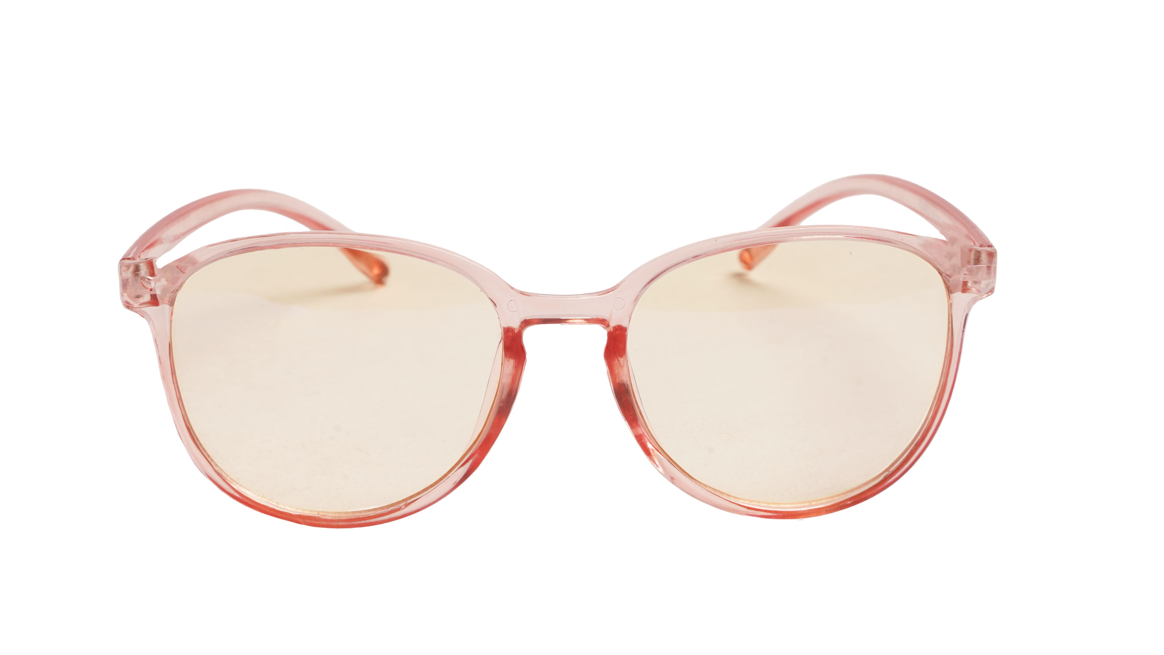 Soigné Female Round Large Spectacle Frame. See Through Pink