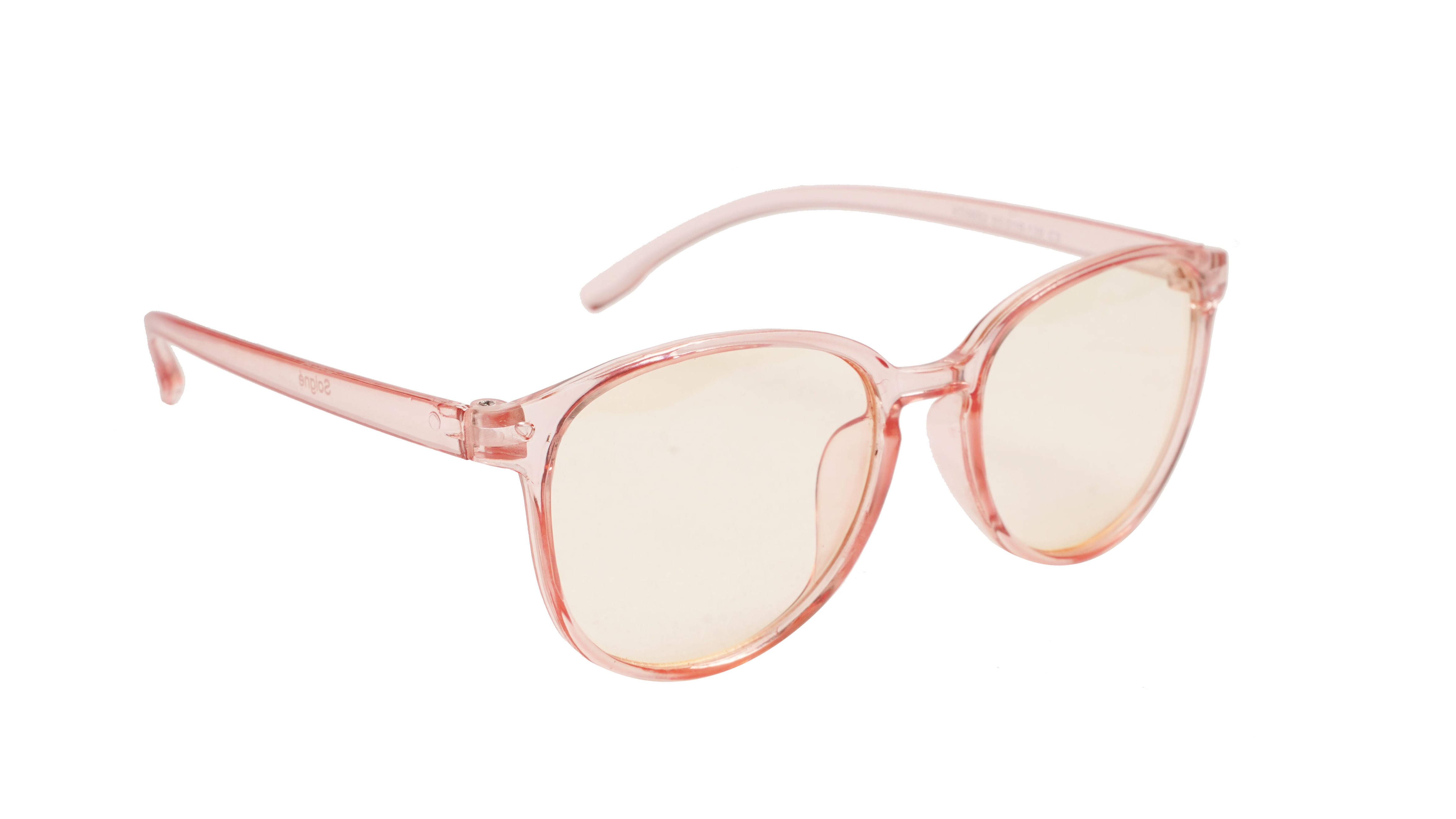 Soigné Female Round Large Spectacle Frame. See Through Pink