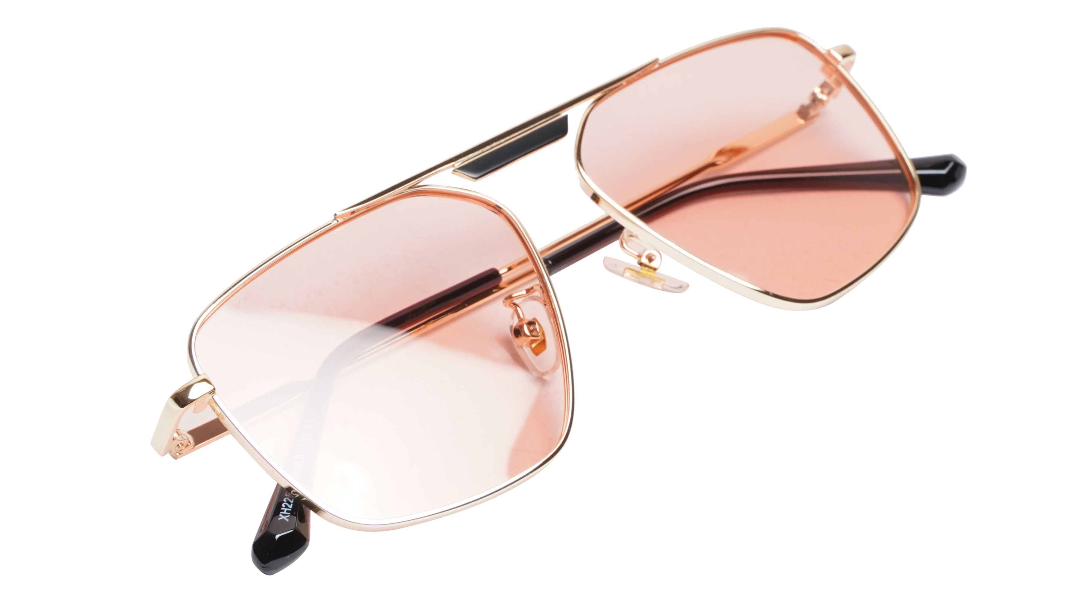 Soigné Female Medium Square Sunglasses.Golden Frame.Pink Lens