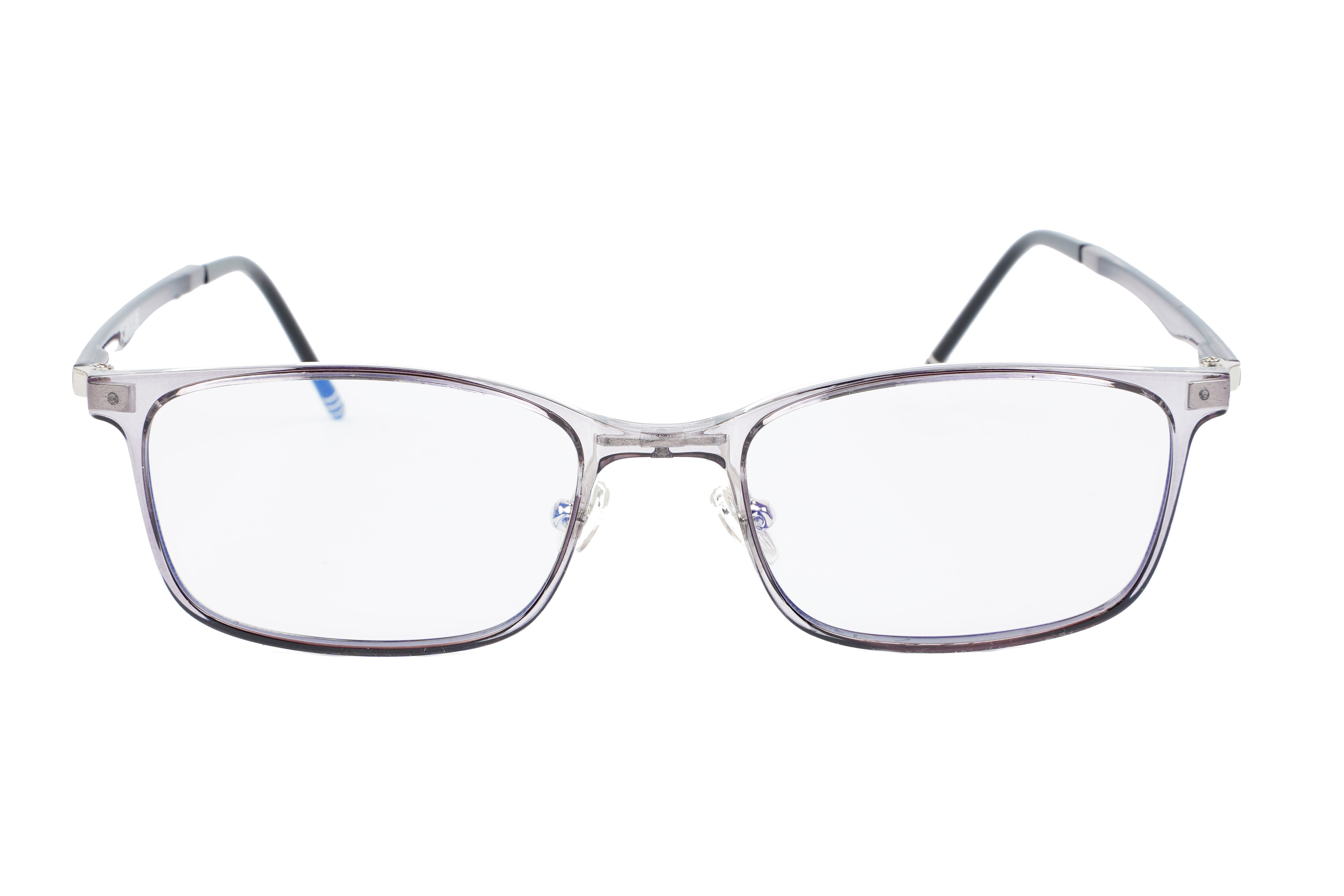 Unisex Medium Rectangular Spectacle Frame. See Through Grey Rim