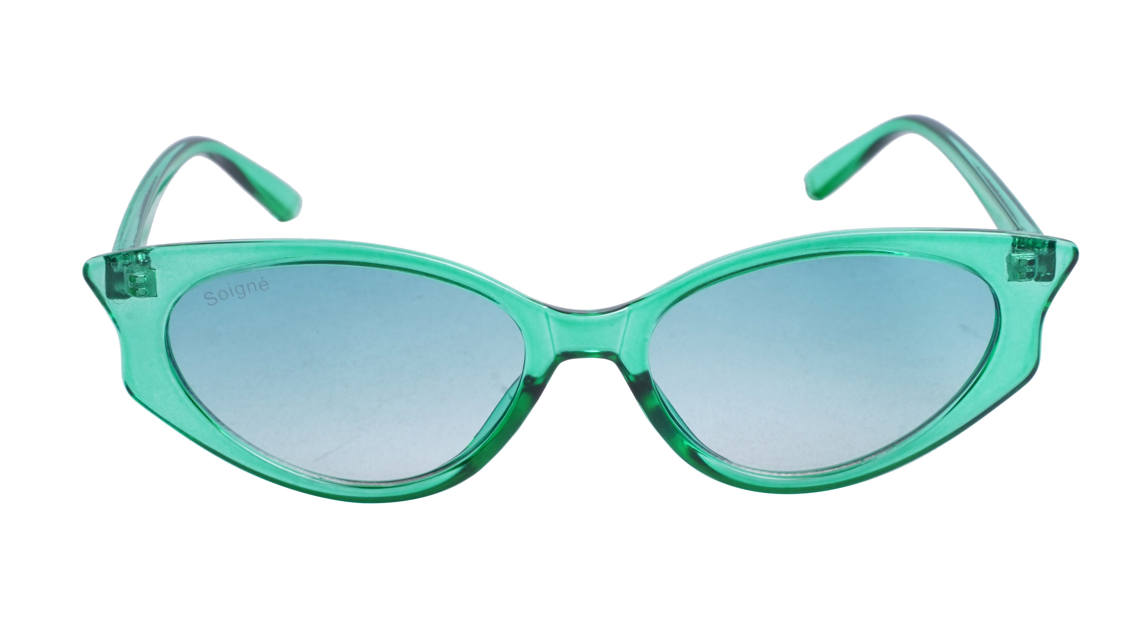 Soigné Female Large Cateye Sunglasses.See Through Green Frame