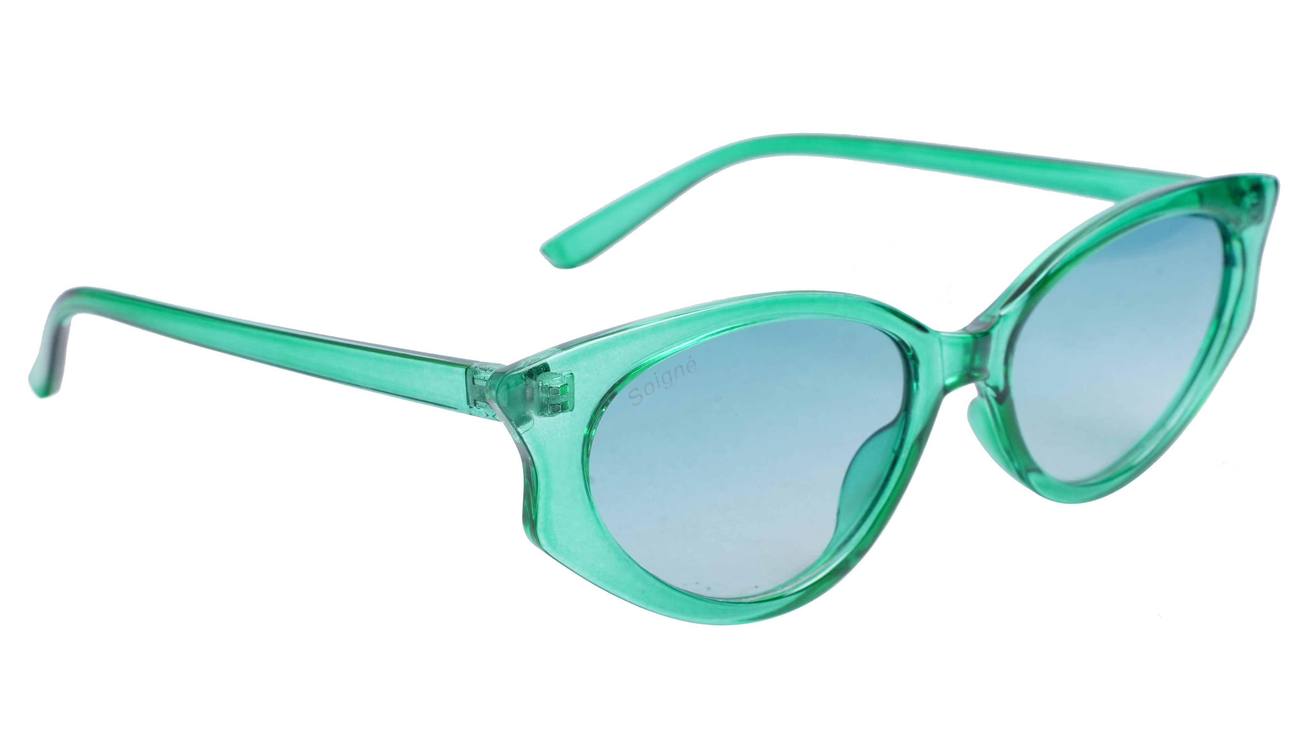 Soigné Female Large Cateye Sunglasses.See Through Green Frame