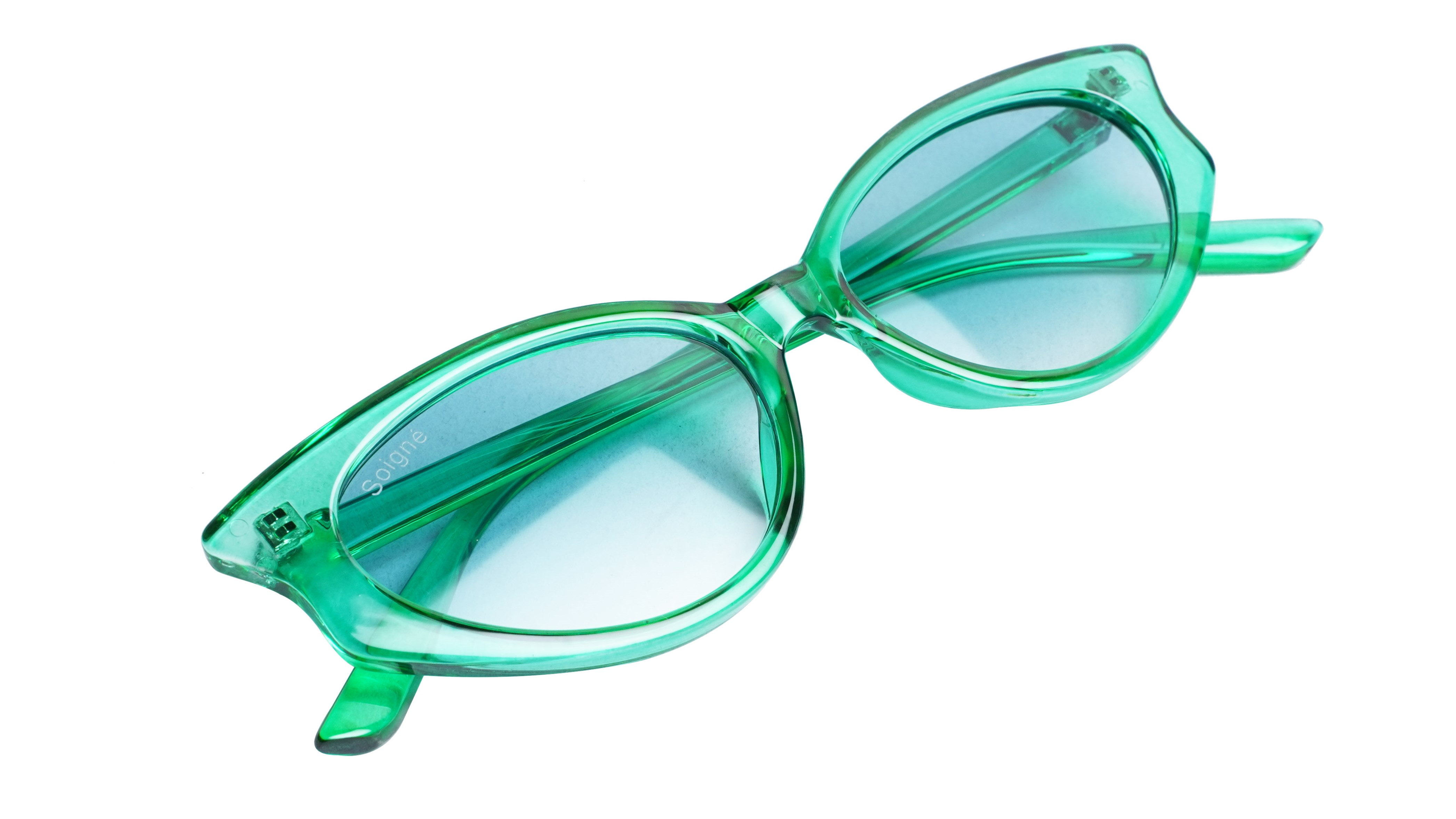 Soigné Female Large Cateye Sunglasses.See Through Green Frame
