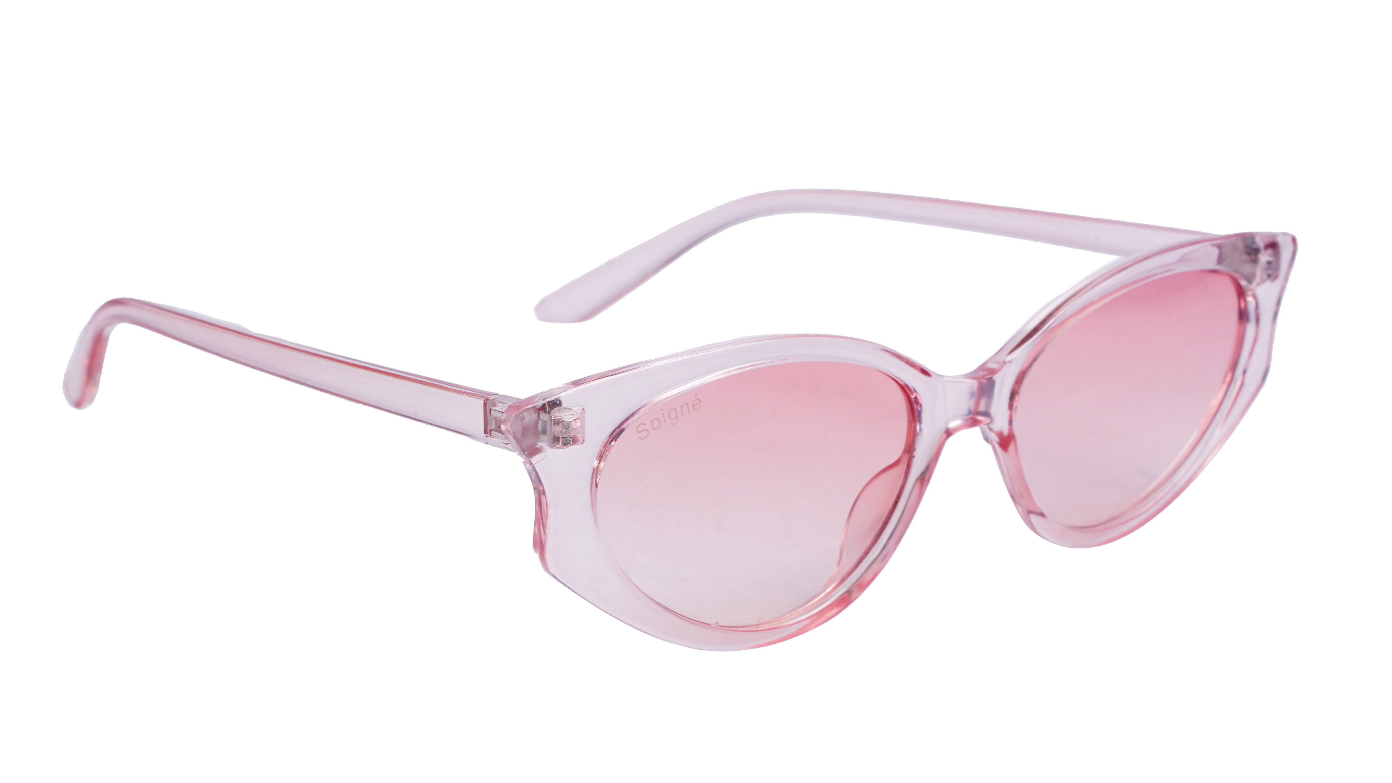 Soigné Female Large Cateye Sunglasses.See Through Pink Frame with Light blue String