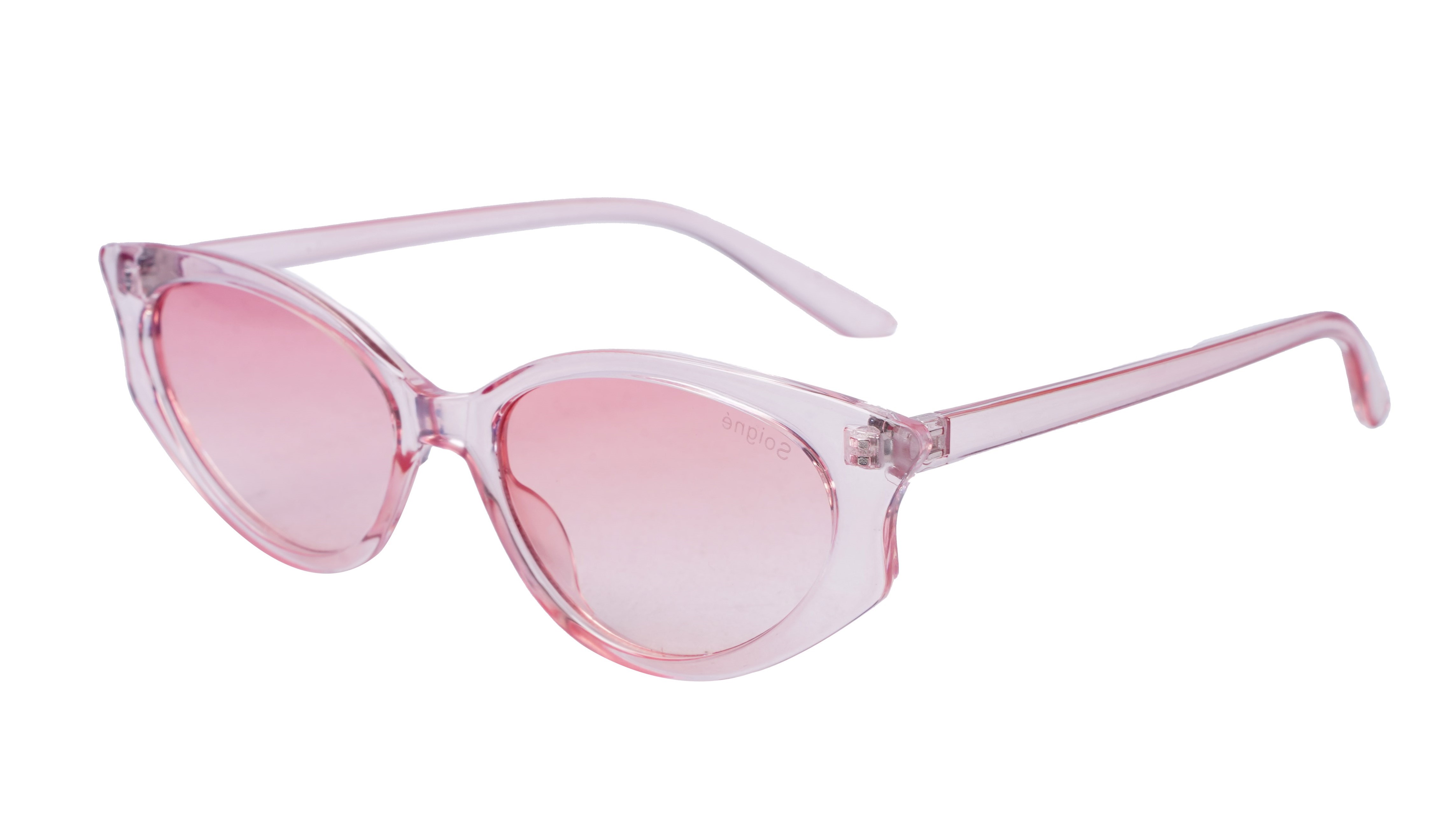 Soigné Female Large Cateye Sunglasses.See Through Pink Frame with Light blue String