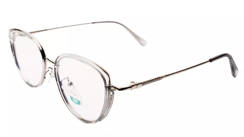 Soigné Female Large Cat Eye Spectacle Frame.Clear Gray&Silver Color
