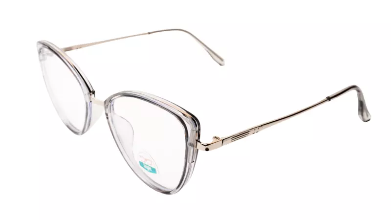 Soigné Female Large Cat Eye Spectacle Frame.Clear Gray&Silver