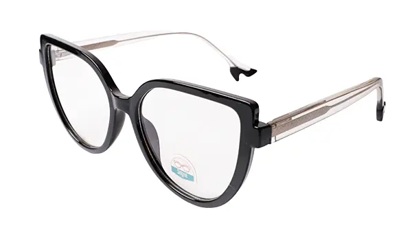 Soigné Female Oversized Cat Eye Spectacle Frame.Black Rim&Transparent Temples