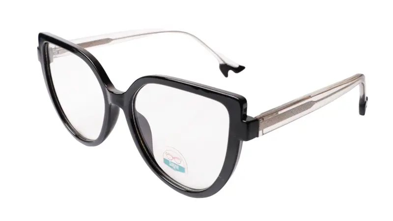 Soigné Female Oversized Cat Eye Spectacle Frame.Black Rim&Transparent Temples