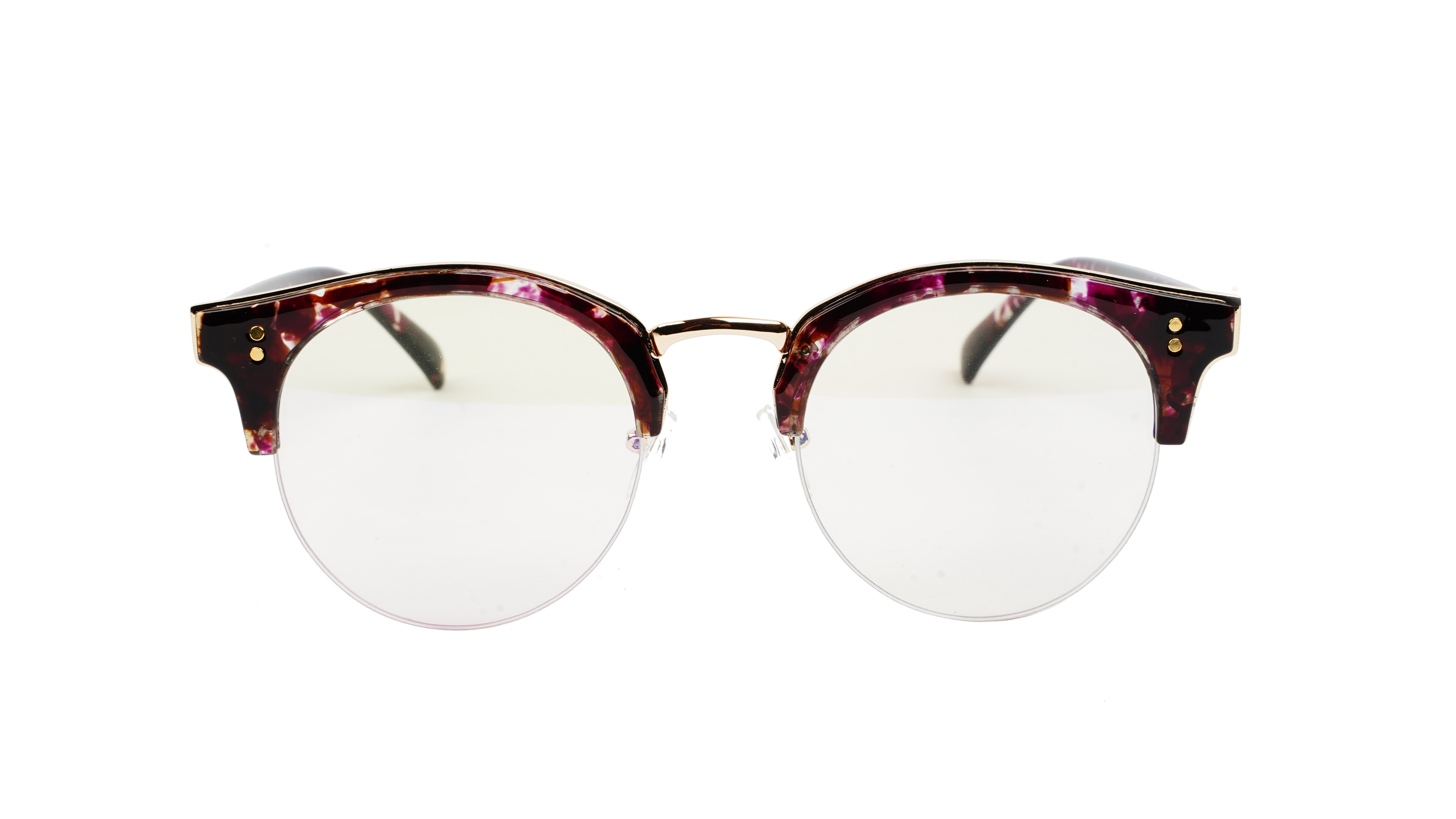Female Large Half Rim Round Spectacle. Purple & Transparent Color