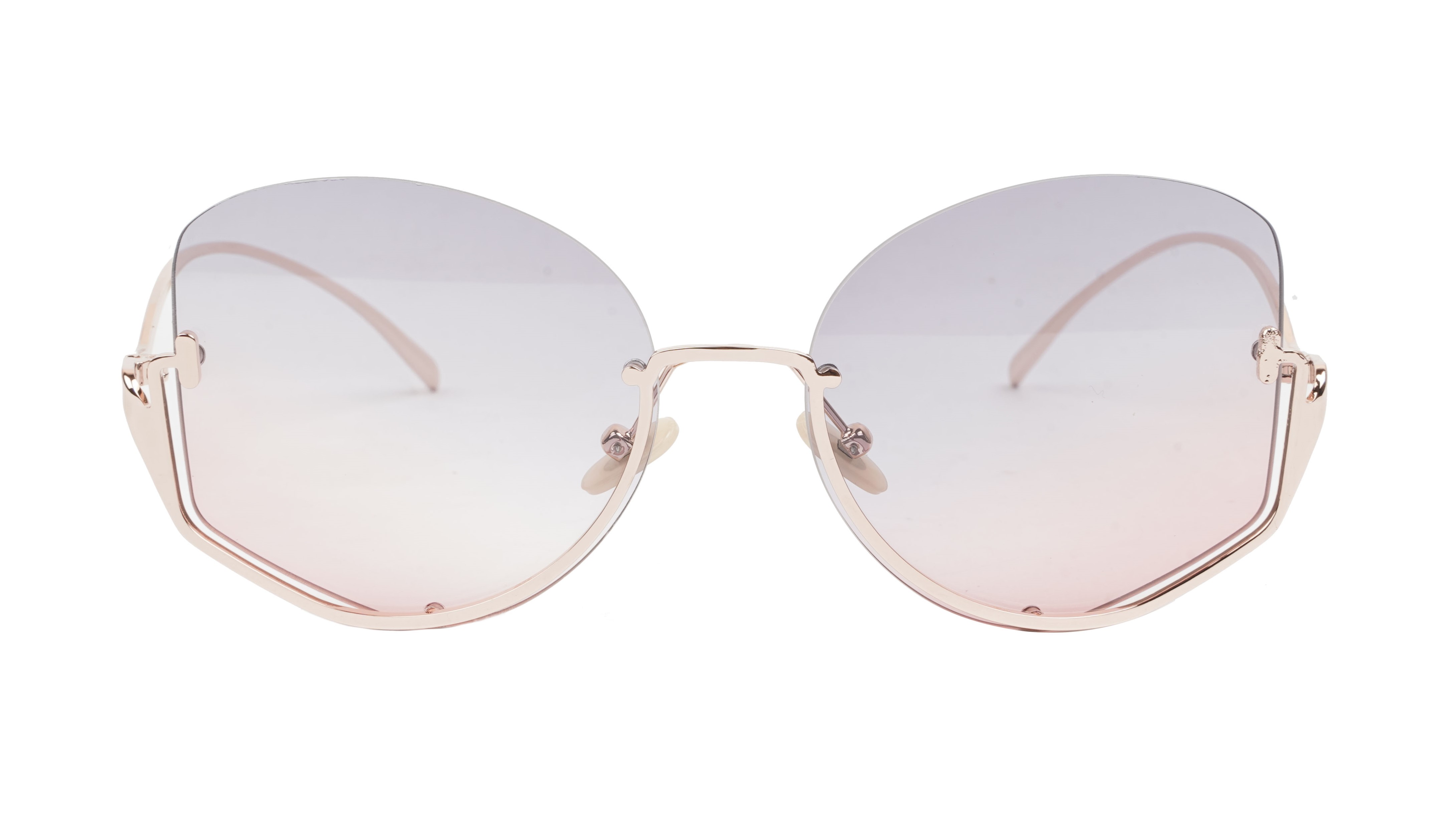 Female Half Rim Oversized Sunglasses. See Through Grey & Pink Lens