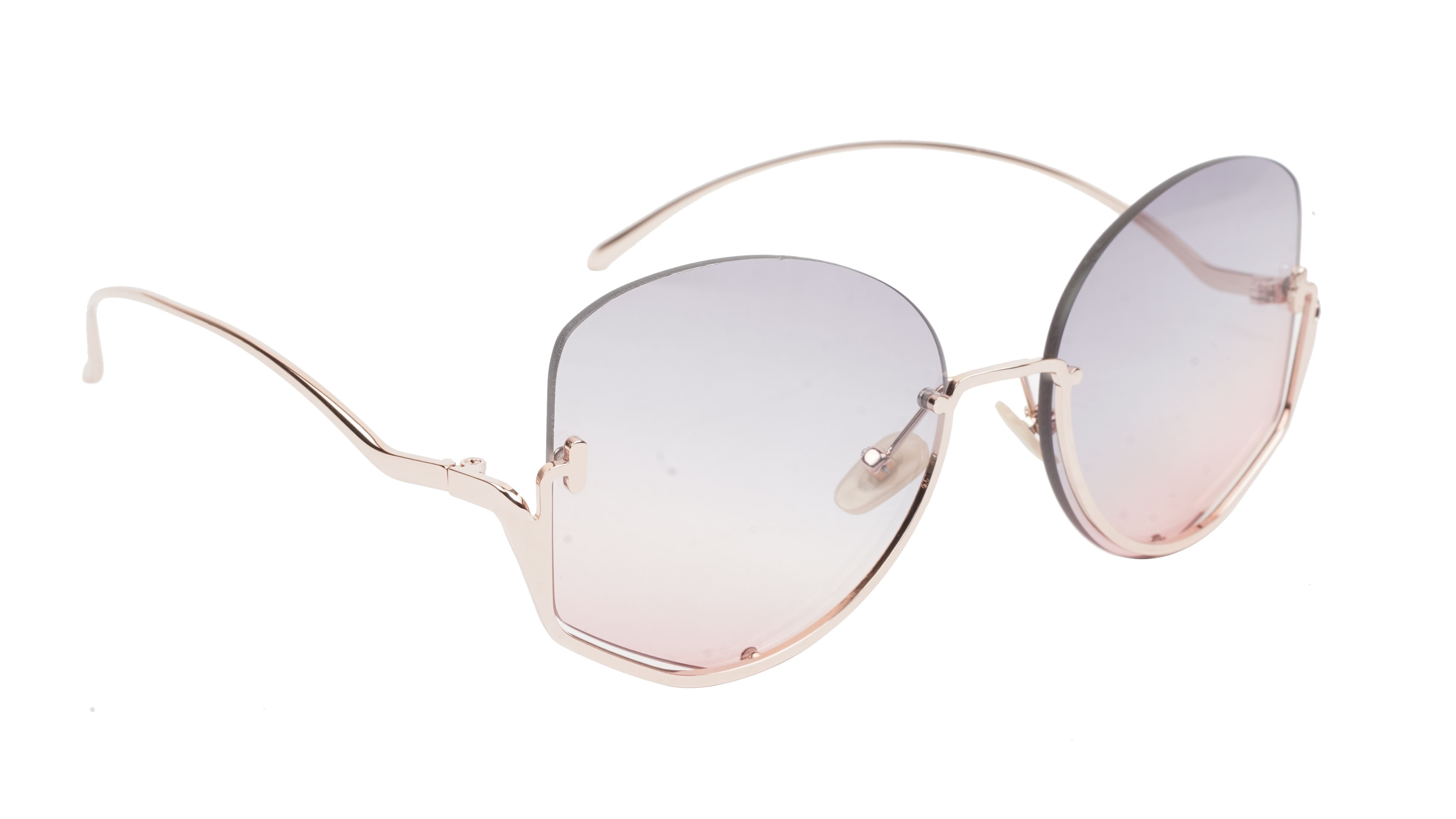 Female Half Rim Oversized Sunglasses. See Through Grey & Pink Lens