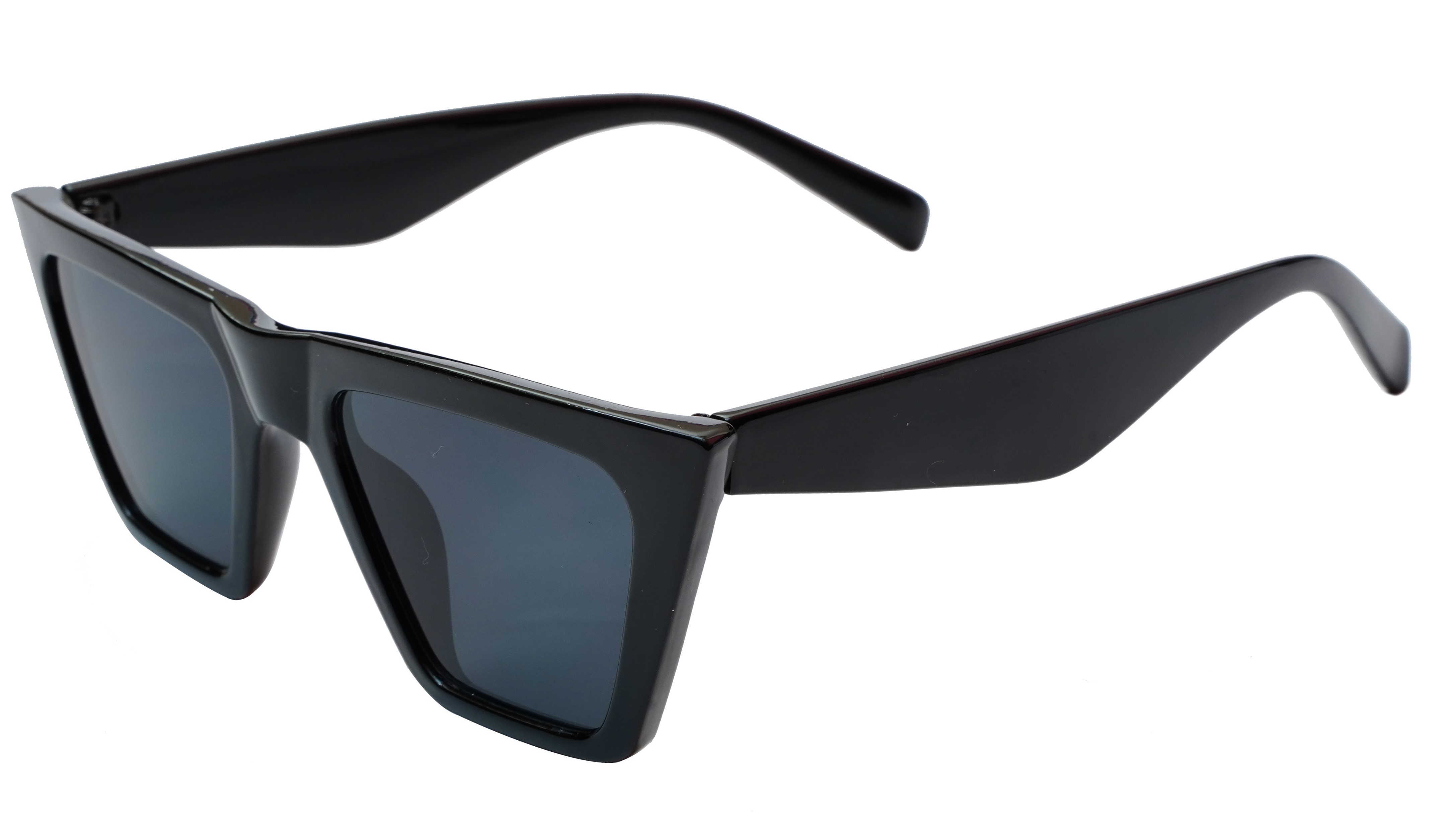 Soigné Female Large Square Sunglasses. Glossy Black with silver metal chain