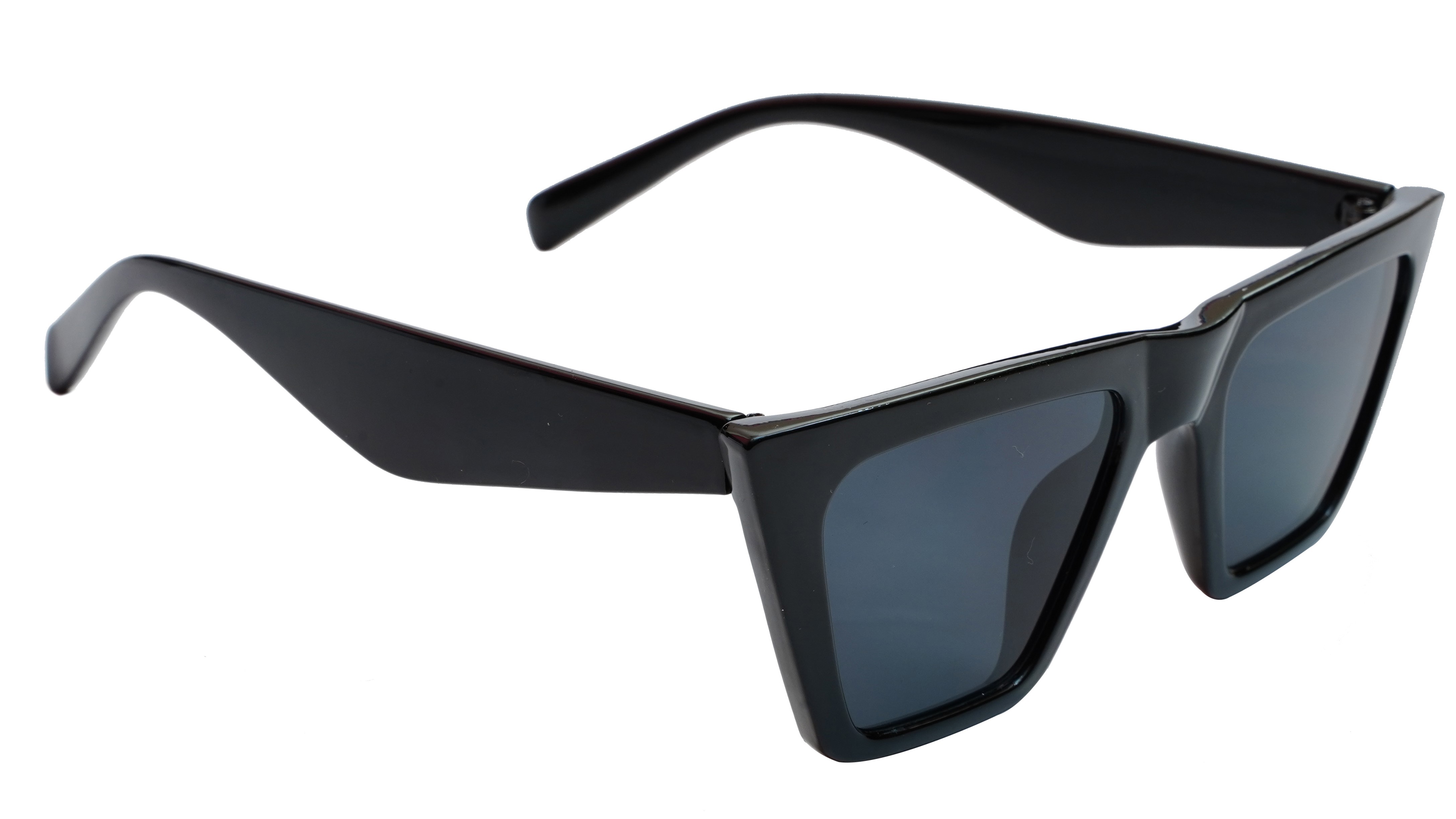 Soigné Female Large Square Sunglasses. Glossy Black with silver metal chain