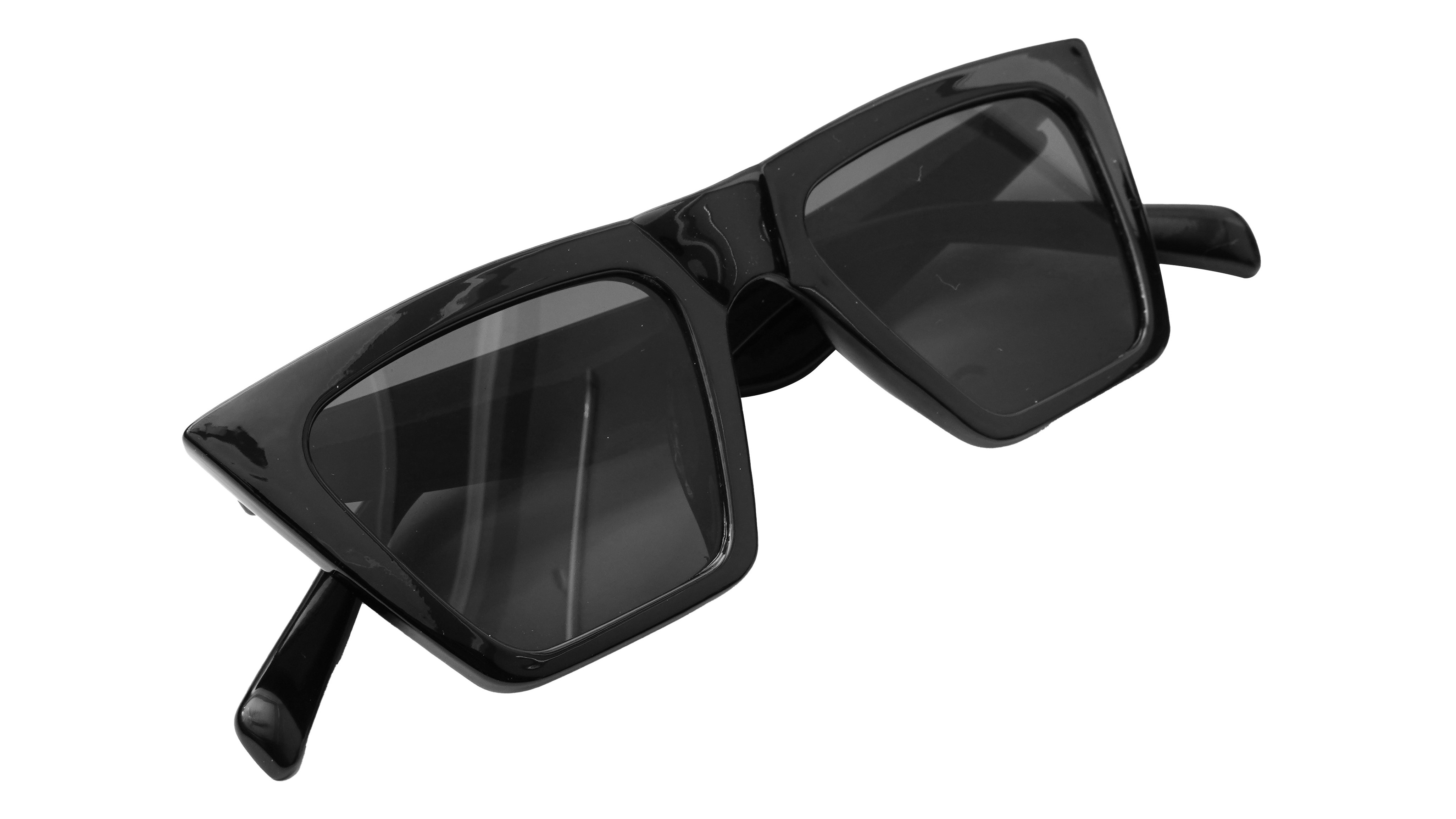 Soigné Female Large Square Sunglasses. Glossy Black with silver metal chain