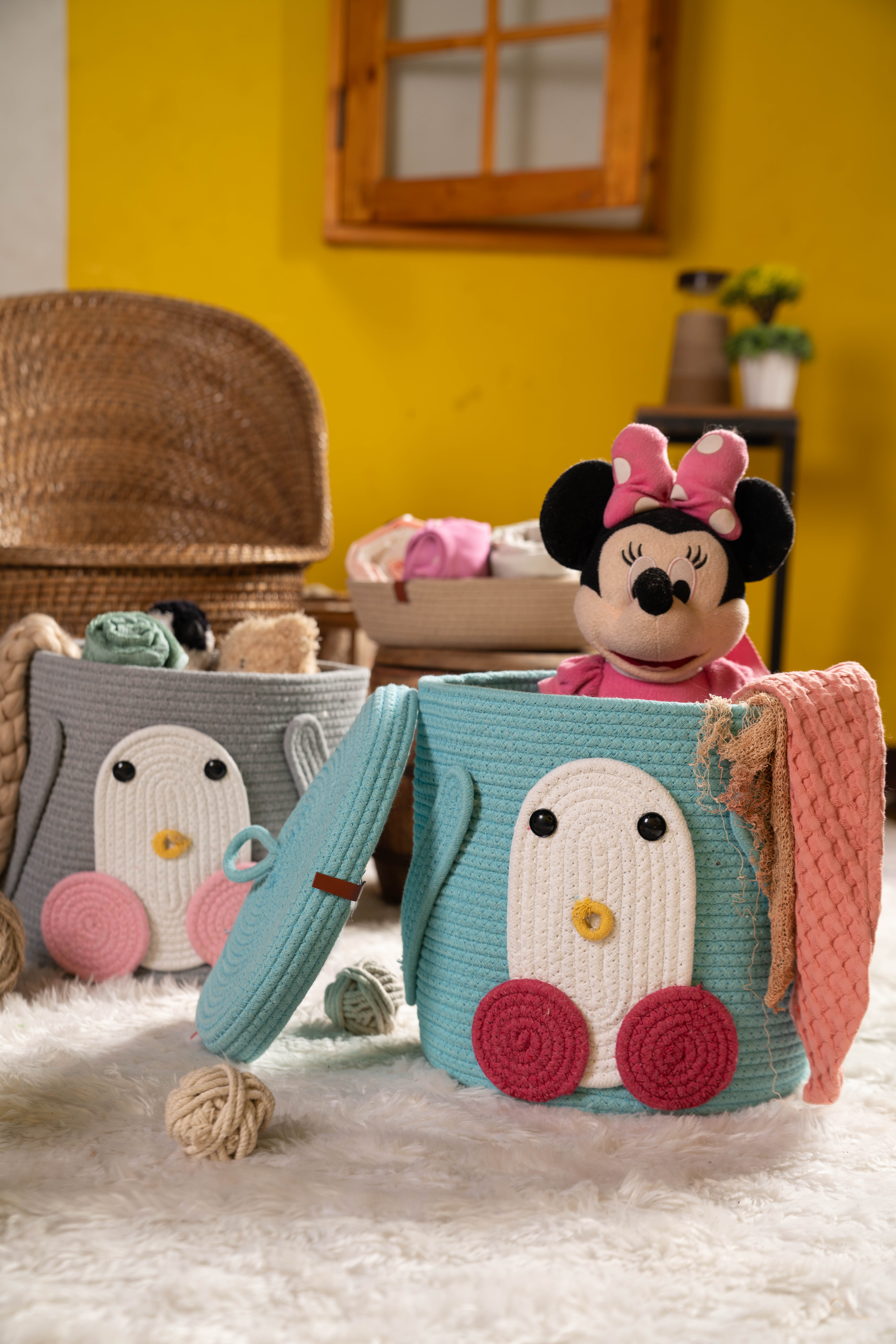 Cotton kids Storage Basket, Organizer Box, Penguin face- Pink/ size(6*6) Handwoven Eco-Friendly Foldable Storage Basket Bins with Lid Cotton kids Storage Basket, Organizer Box, Penguin face- Pink/ size(6*6) Handwoven Eco-Friendly Foldable Storage Basket Bins with Lid