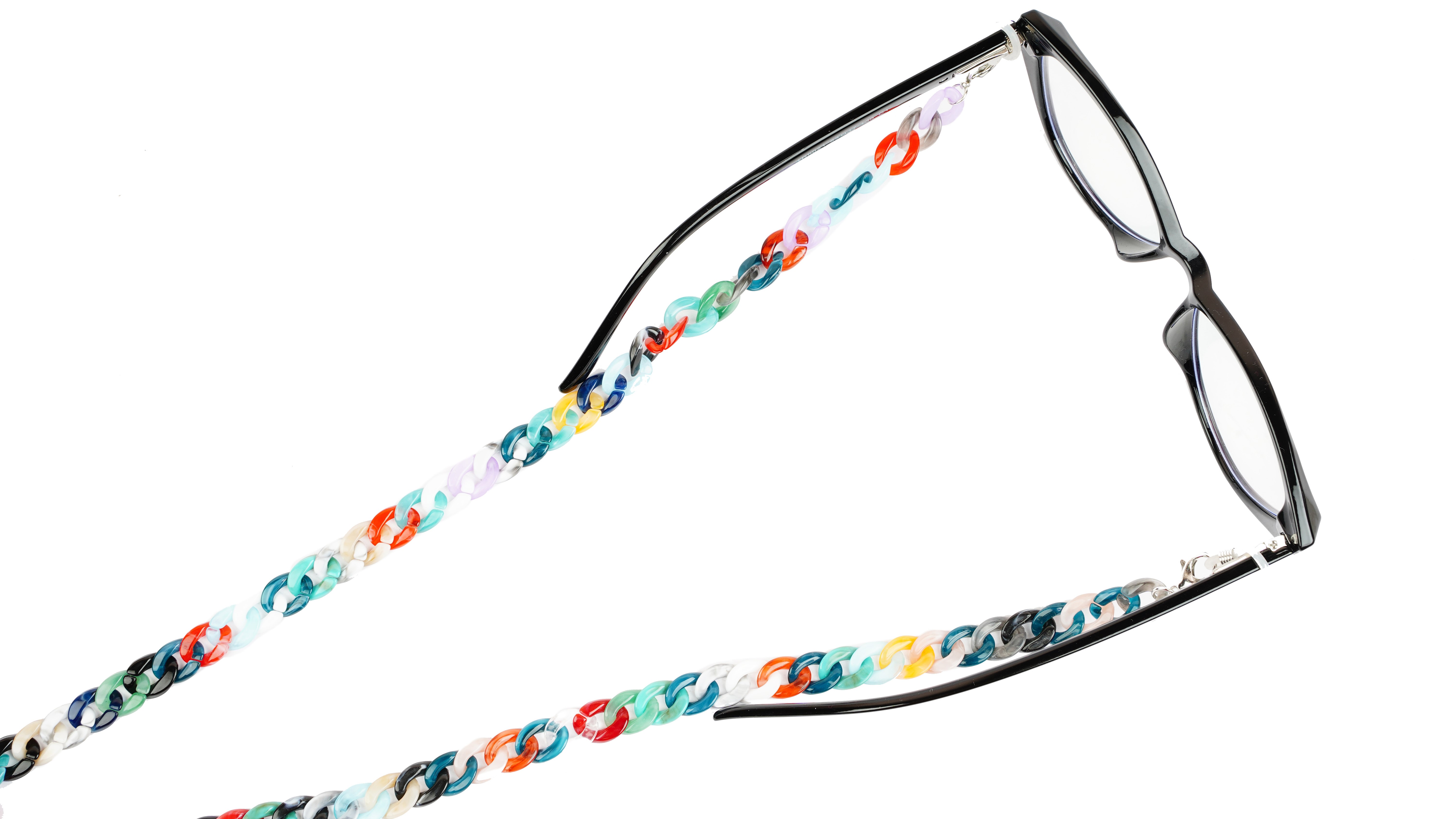 Soigné Female Large Cateye Sunglasses.Glossy Black with Multi Color Sunglasses Chain