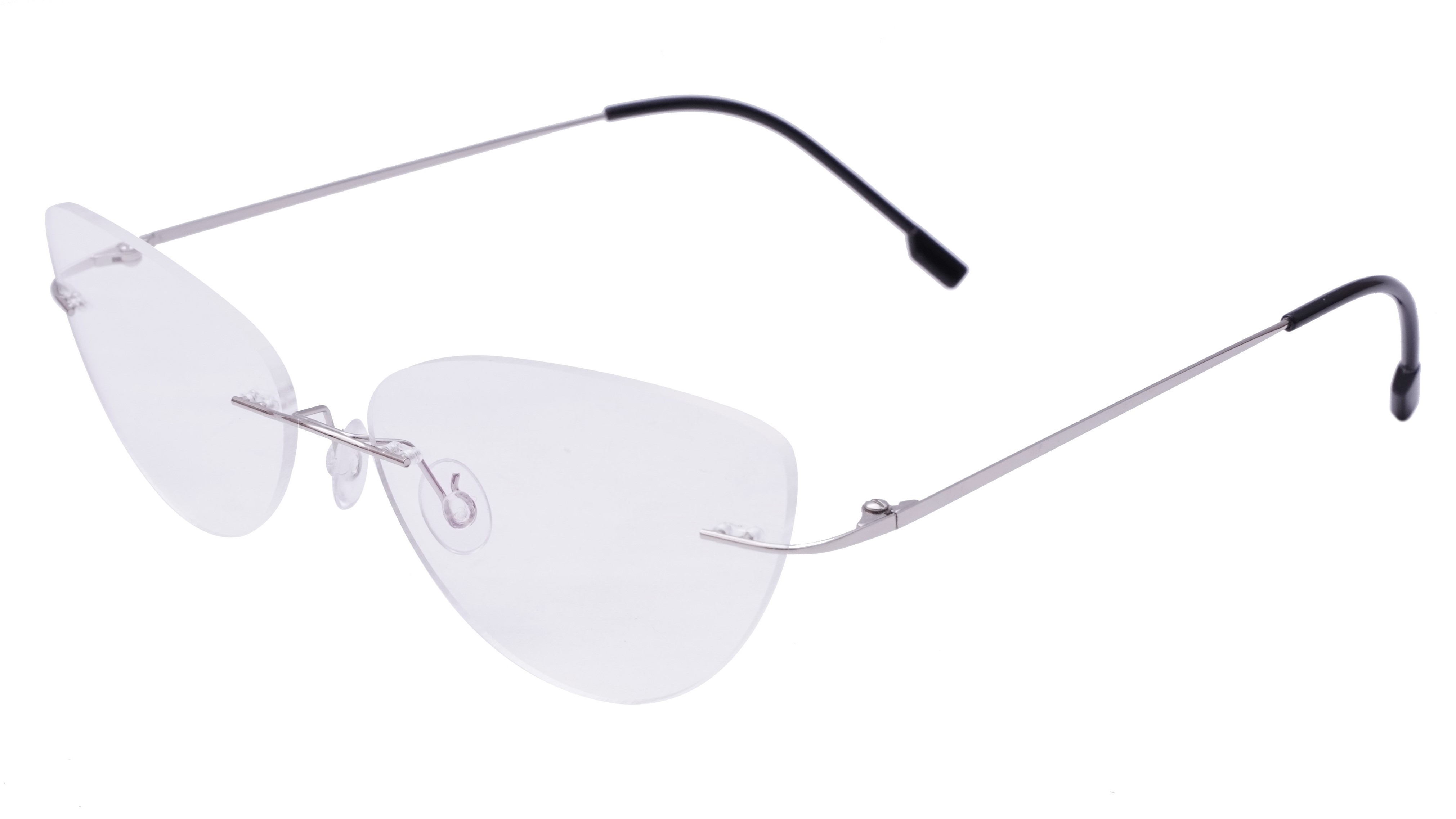 Female Rimless Cat Eye Spectacle Frame. Silver Color Metal Frame. Transparent ARC Lens.