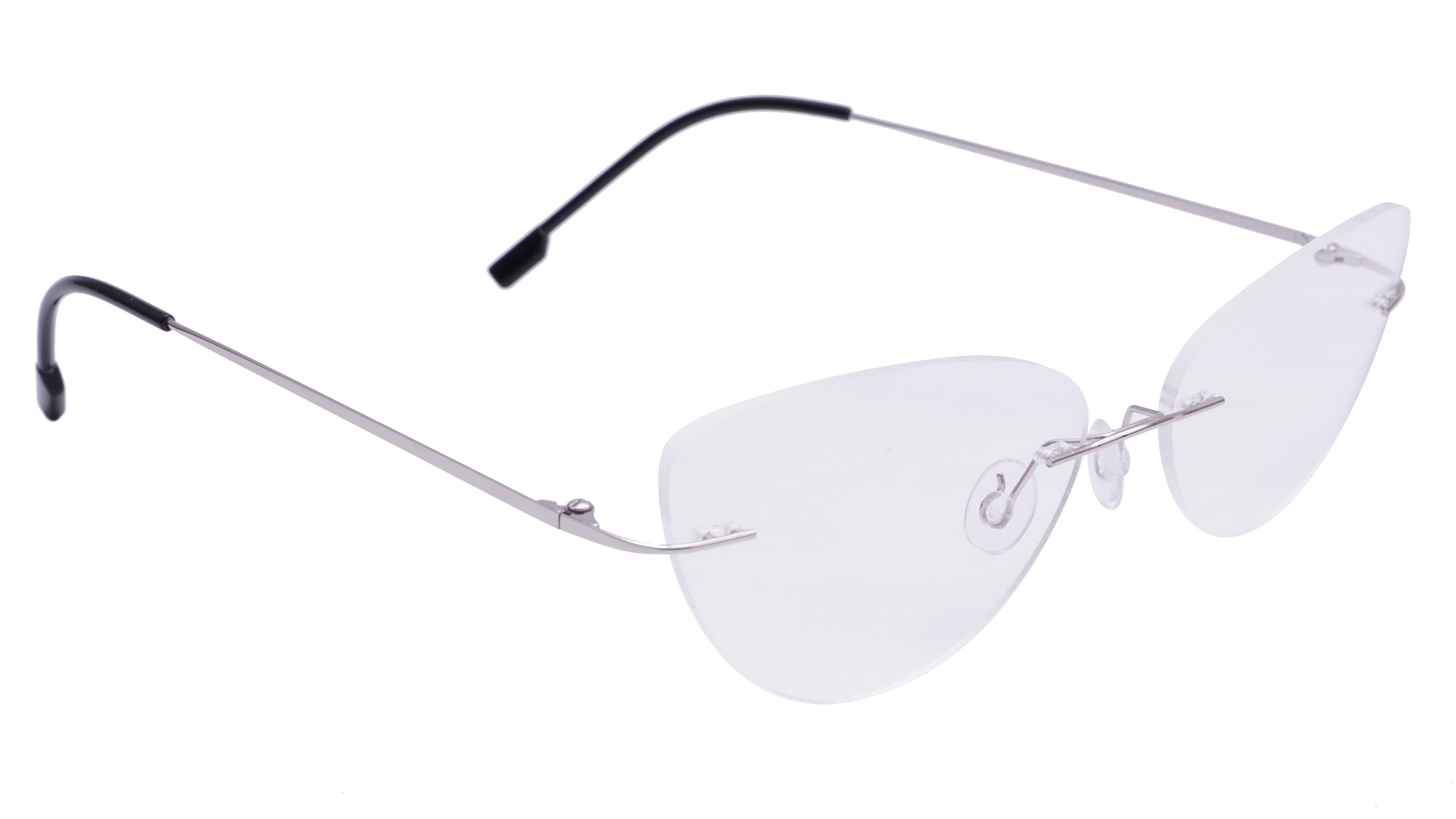 Female Rimless Cat Eye Spectacle Frame. Silver Color Metal Frame. Transparent ARC Lens.