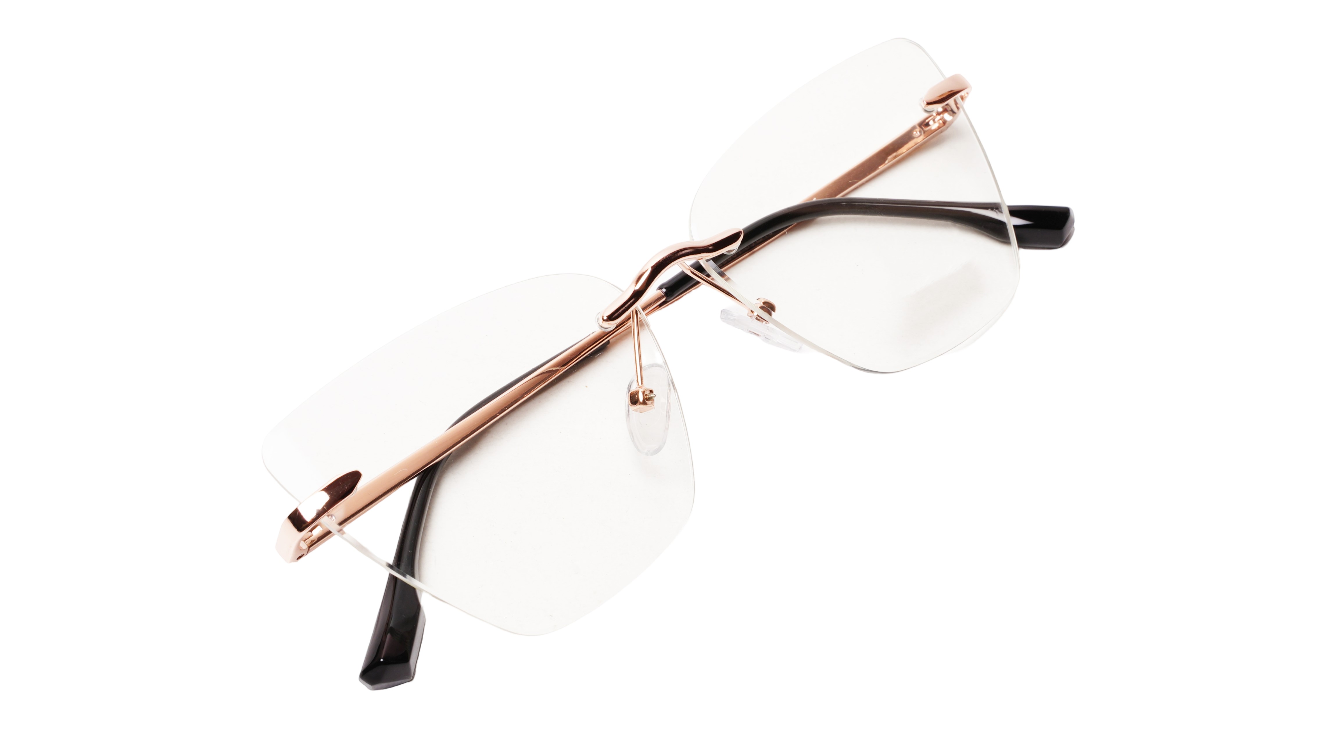 Soigné Female Oversized Rimless CatEye Spectacle Frame.RoseGold&Black
