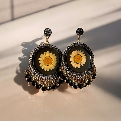 Round Golden Daisy Jhumka (black beads) Round Golden Daisy Jhumka (black beads)