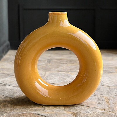 Donut Shaped Yellow Ceramic Vase