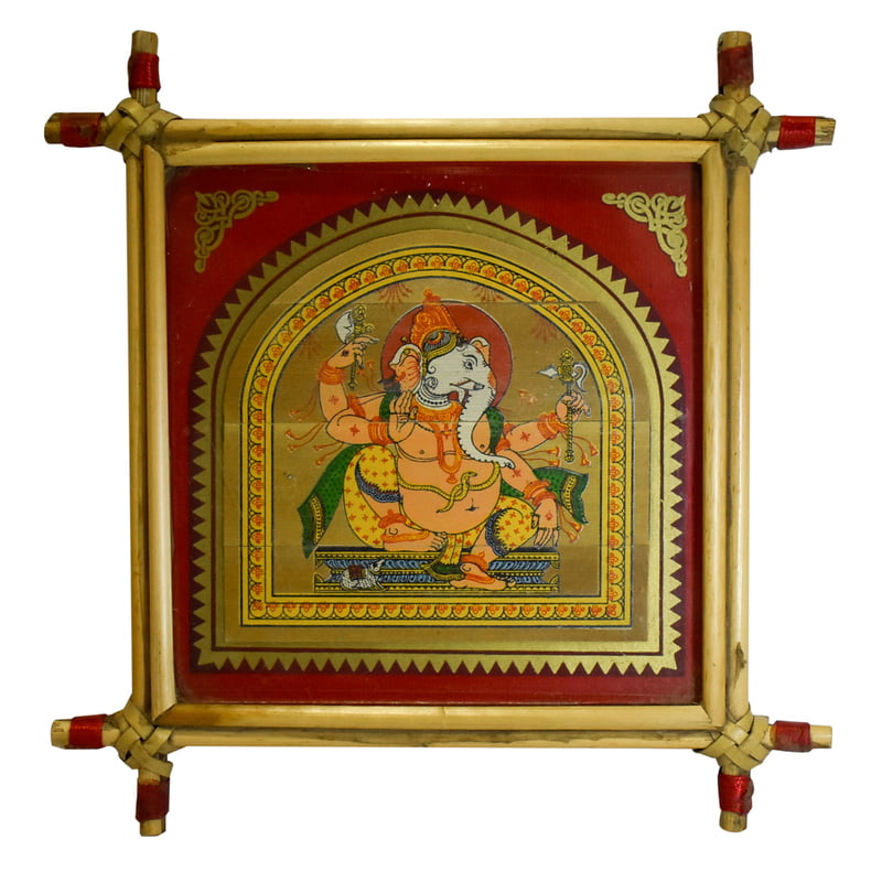 Patachitra Tribal paint of Lord Ganesh on Palm leaves, framed with can sticks || for home office || gift || beautiful and elegant