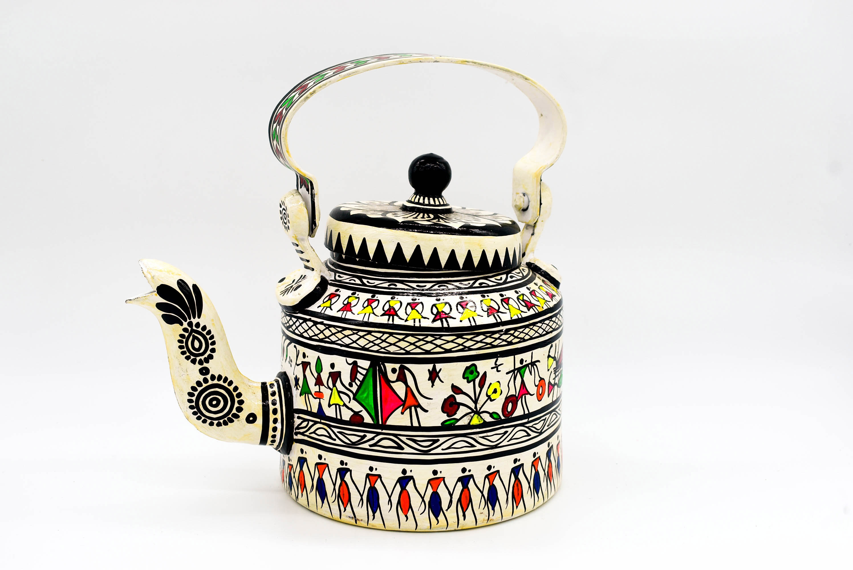 attachitra Hand-Painted Tea Kettle, Traditional Indian Folk Art Design, Multicoloured Aluminium