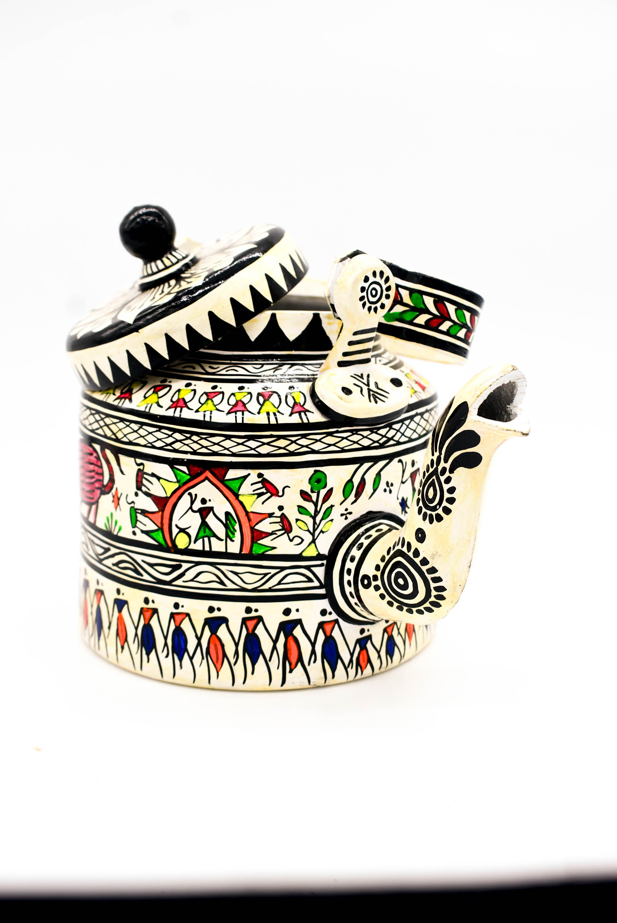 attachitra Hand-Painted Tea Kettle, Traditional Indian Folk Art Design, Multicoloured Aluminium