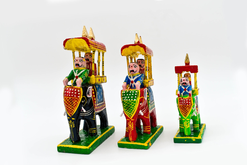 Handcrafted Wooden Maharaja on Elephant Figurines, Traditional Pattachitra Art, Set of 3, Multicolour