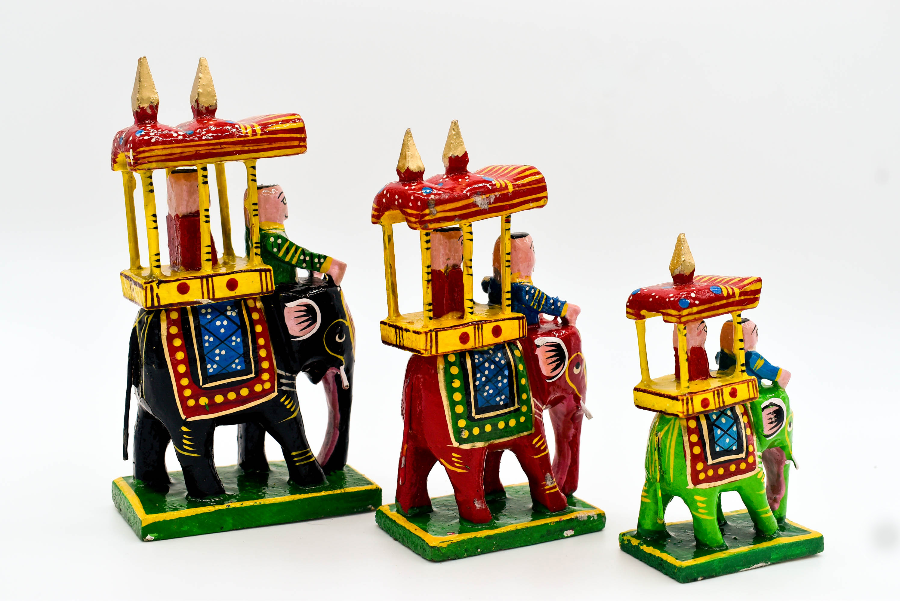 Handcrafted Wooden Maharaja on Elephant Figurines, Traditional Pattachitra Art, Set of 3, Multicolour