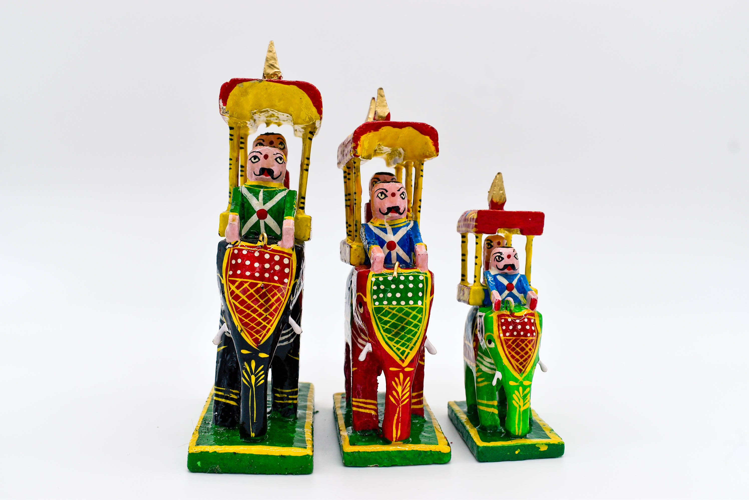 Handcrafted Wooden Maharaja on Elephant Figurines, Traditional Pattachitra Art, Set of 3, Multicolour