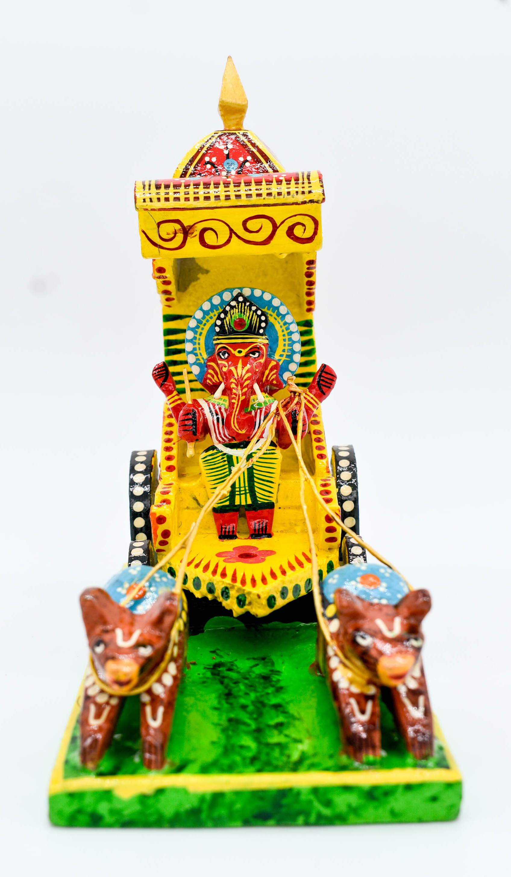 Traditional Handpainted Lord Ganesh Chariot Statue, 17.5 cm Height, Wooden Art Decor
