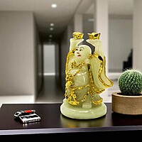 Laughing Buddha Showpiece - Marble (White & Golden) - 7.5 Inch