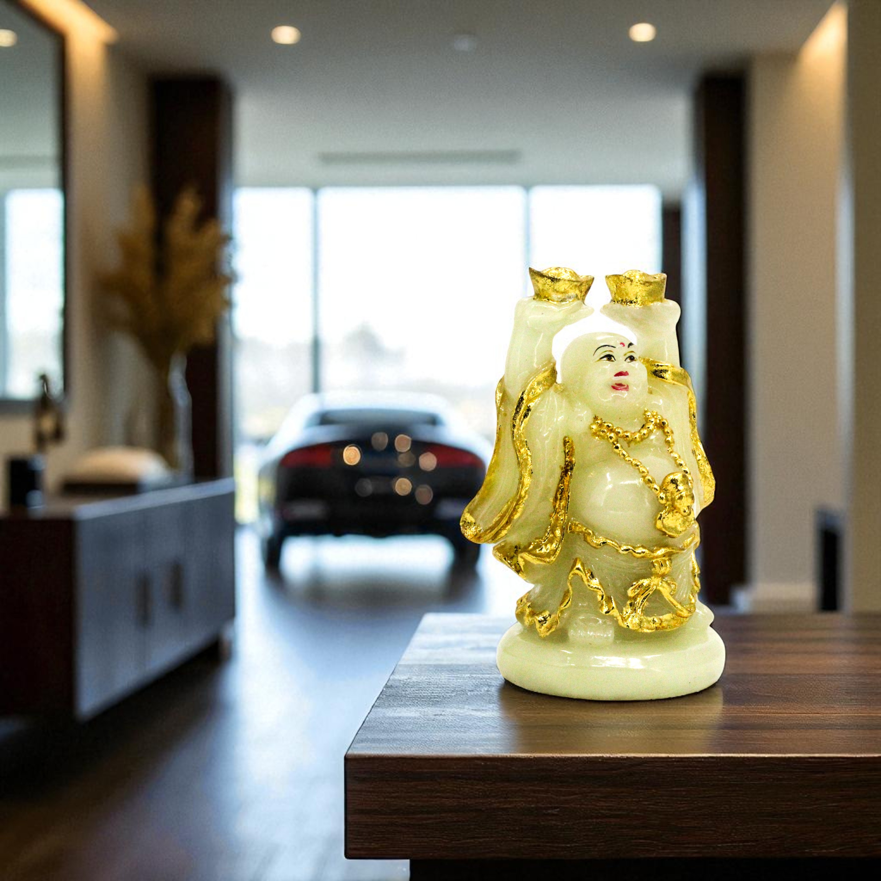 Laughing Buddha Showpiece - Marble (White & Golden) - 7.5 Inch