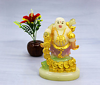 Laughing Buddha Showpiece Marble (White & Golden) – 8.5 Inch