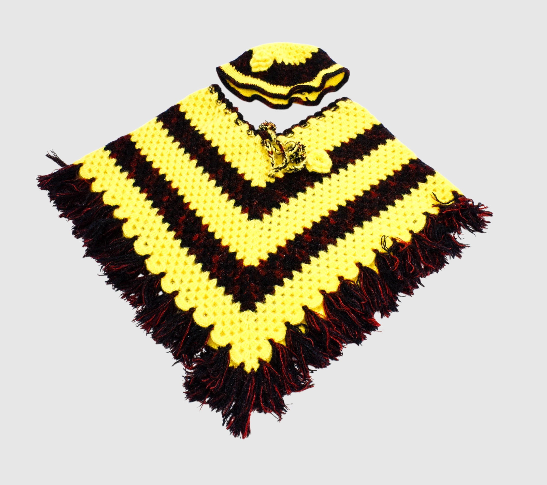Handknitted Yellow and Black Striped Woolen Poncho and Cap for Kids (4-5 years)