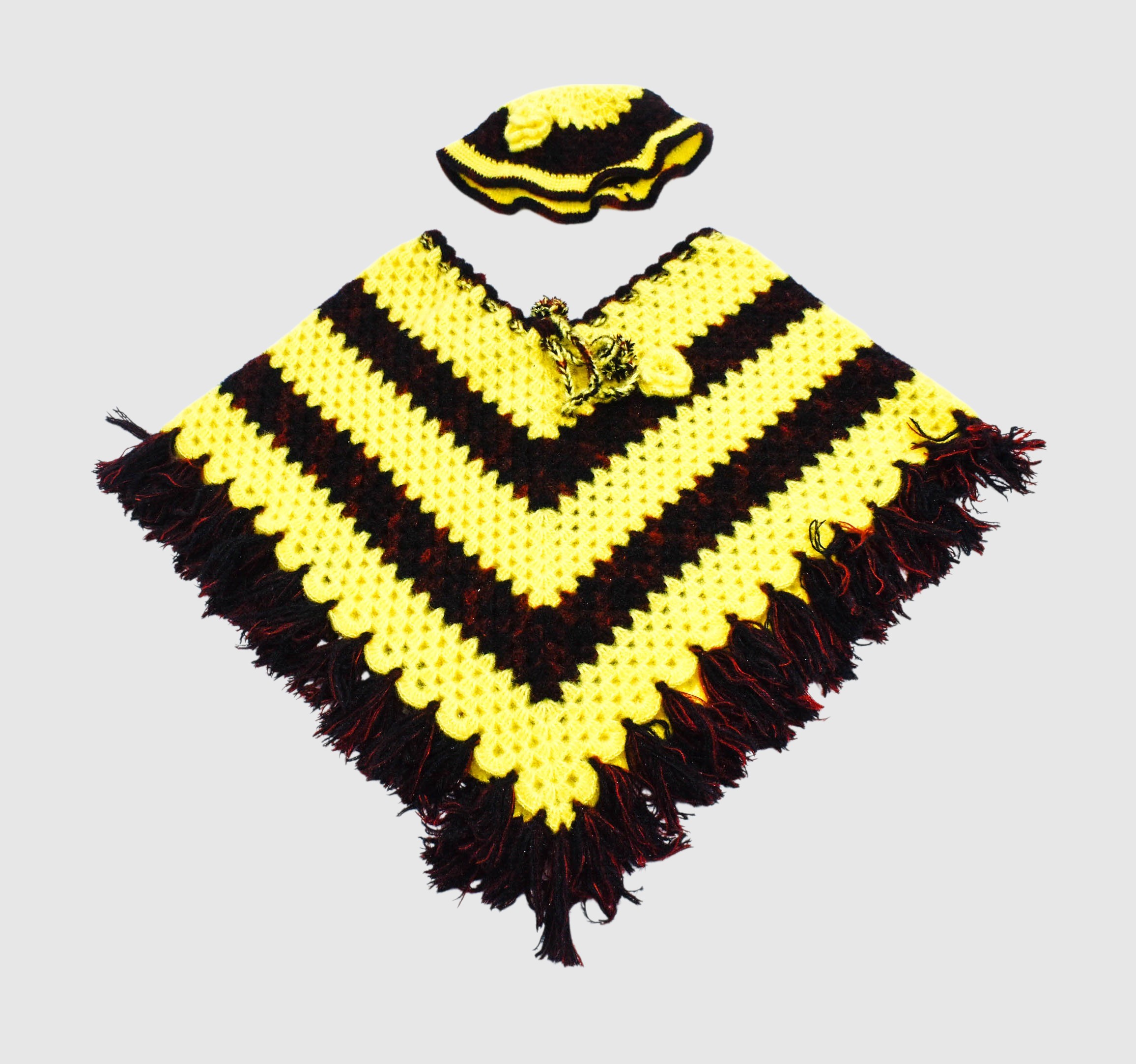 Handknitted Yellow and Black Striped Woolen Poncho and Cap for Kids (4-5 years)