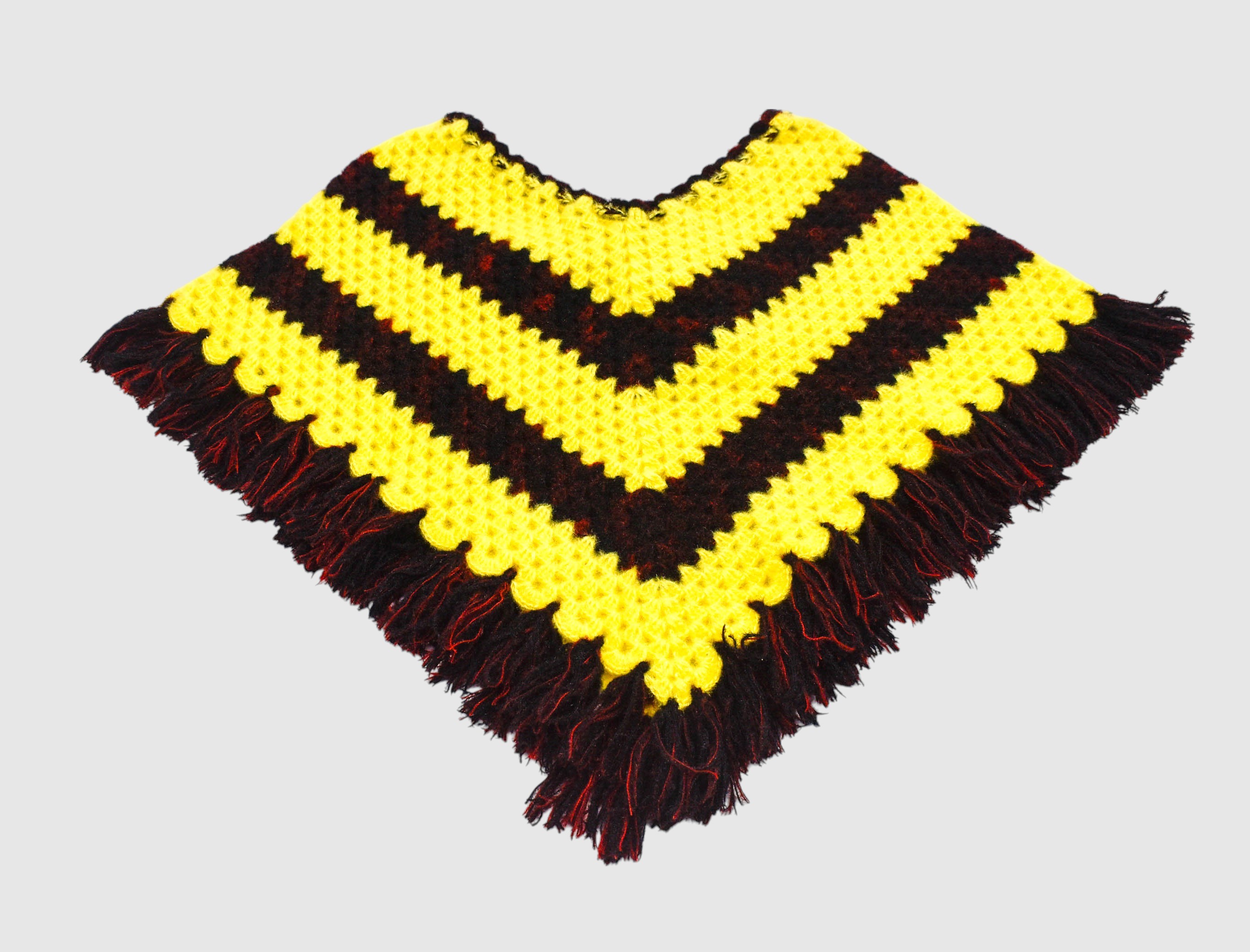 Handknitted Yellow and Black Striped Woolen Poncho and Cap for Kids (4-5 years)