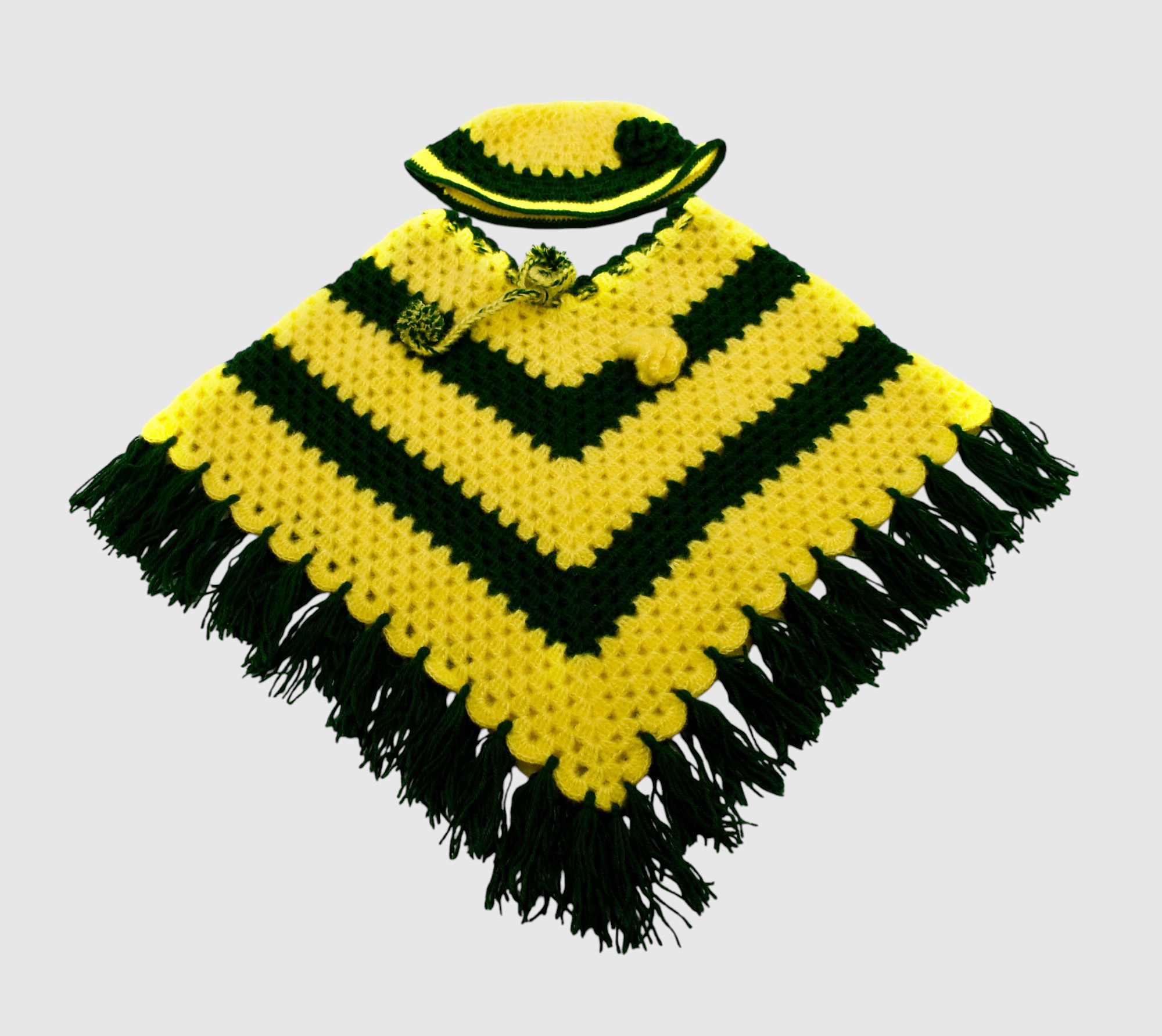 Handknitted Woolen Poncho and Cap Set for Kids, Yellow and Green Striped (4-5 Years)