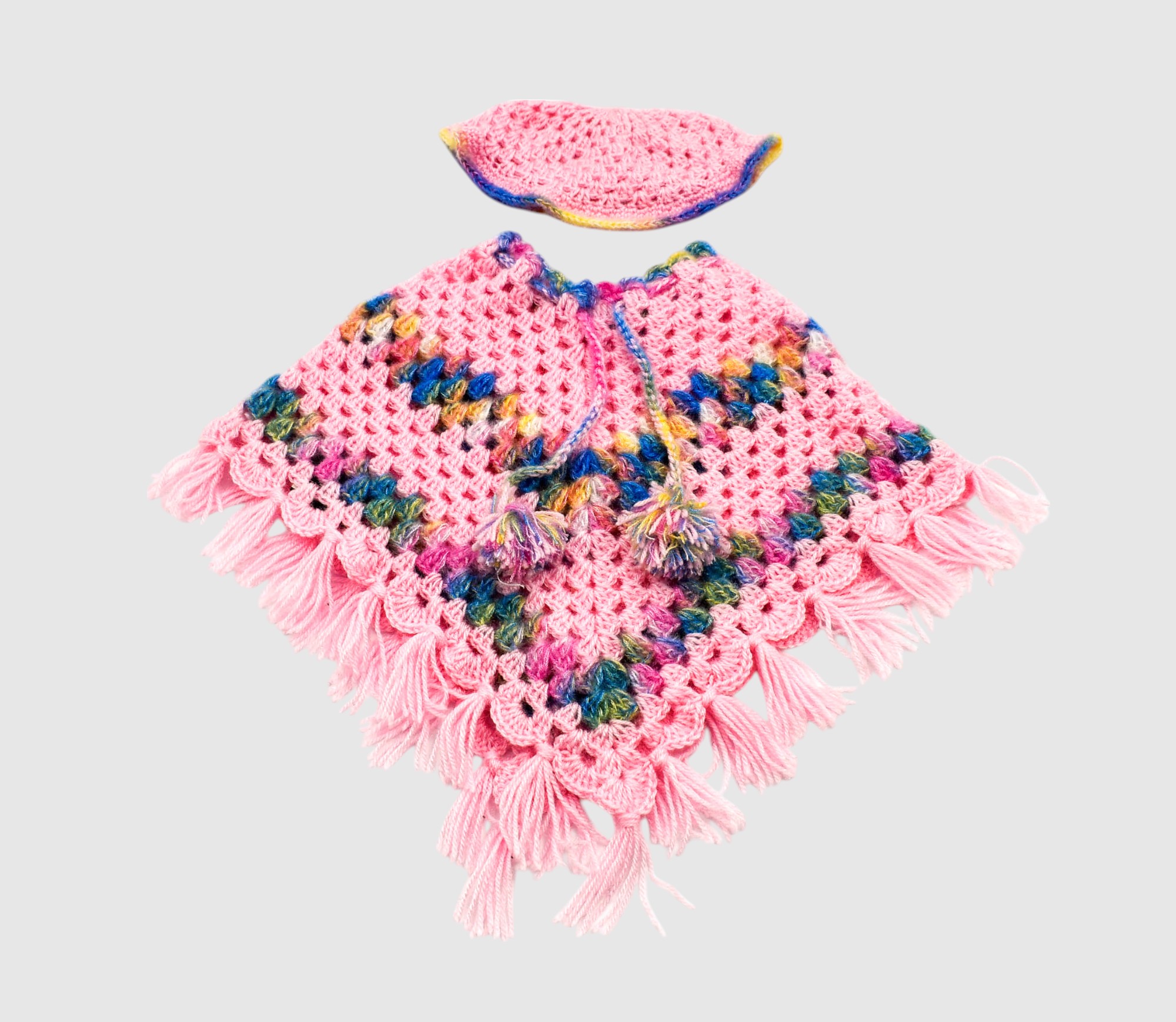 Handknitted Woolen Kids Poncho and Cap Set, Pink with Multicolor Pattern (6 Month - 1 Year)