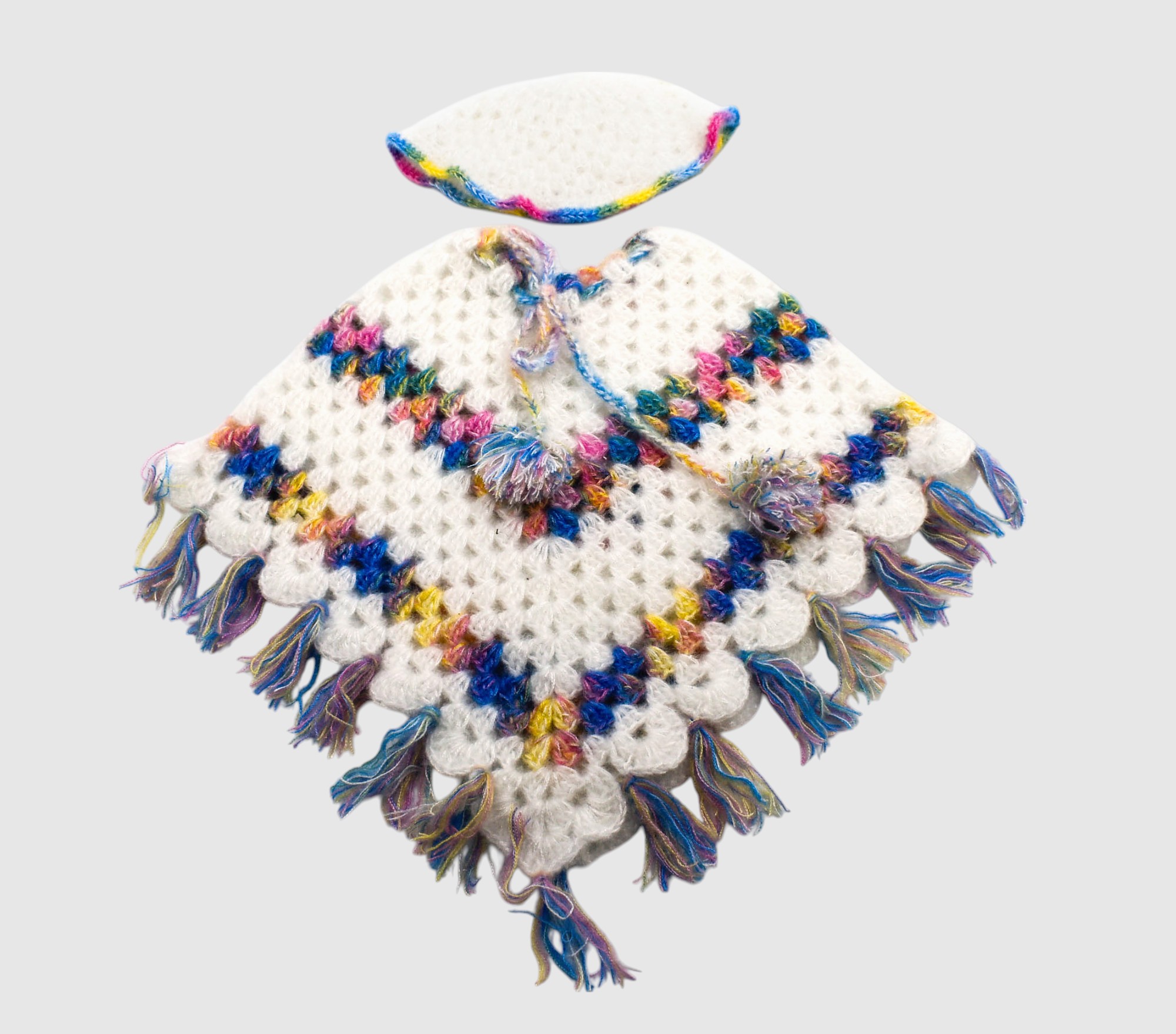 Handknitted Woolen Poncho and Cap Set for Kids, White with Multicolor Tassels (1-2 Years)